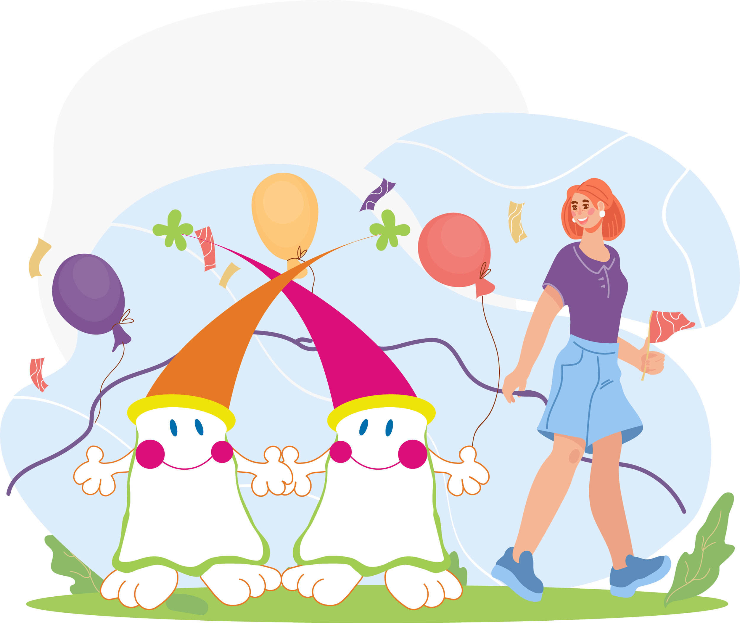 Ilustração de uma educadora, sorrindo, acompanhando os nossos Artista e Cientista, num ambiente feliz decorado com balões, fitas e desenhos coloridos, com um cenário de céu azul e relva.