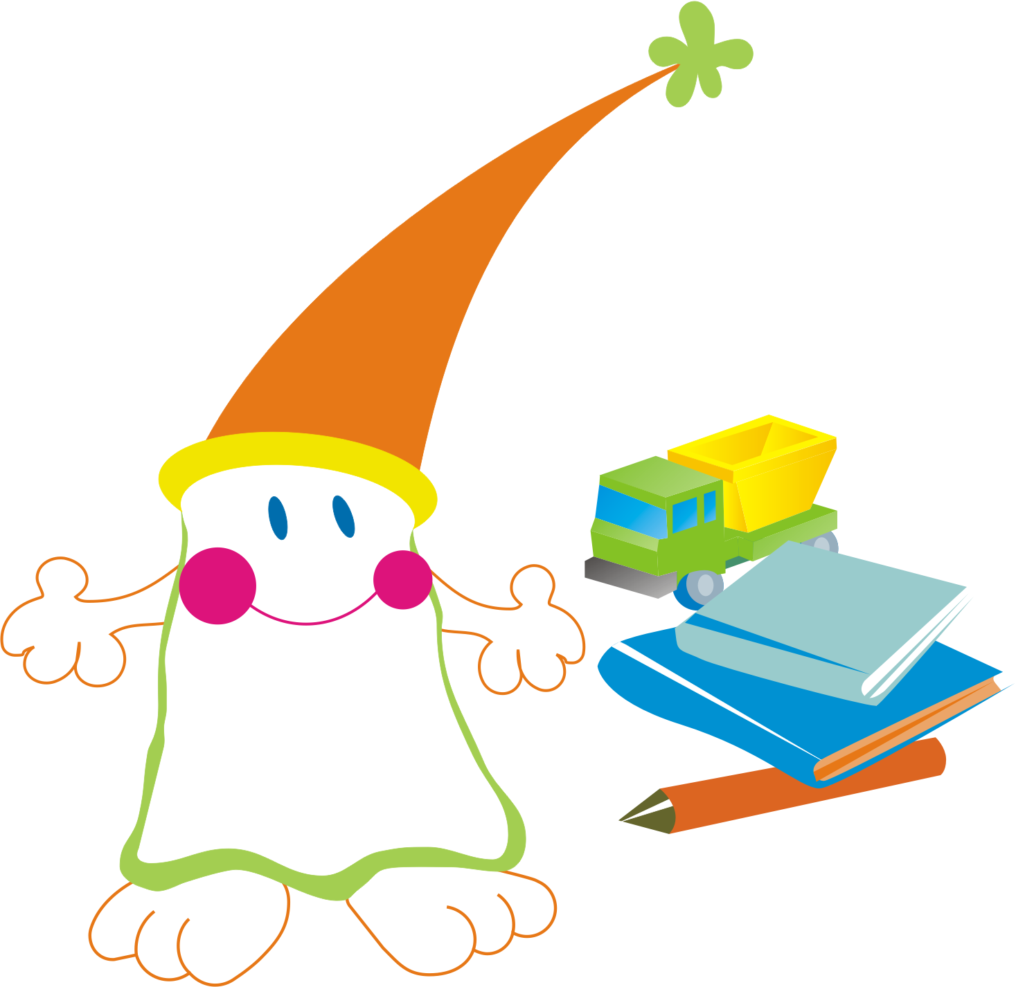 A mascote do Artistas e Cientistas, com os seus brinquedos e cadernos.