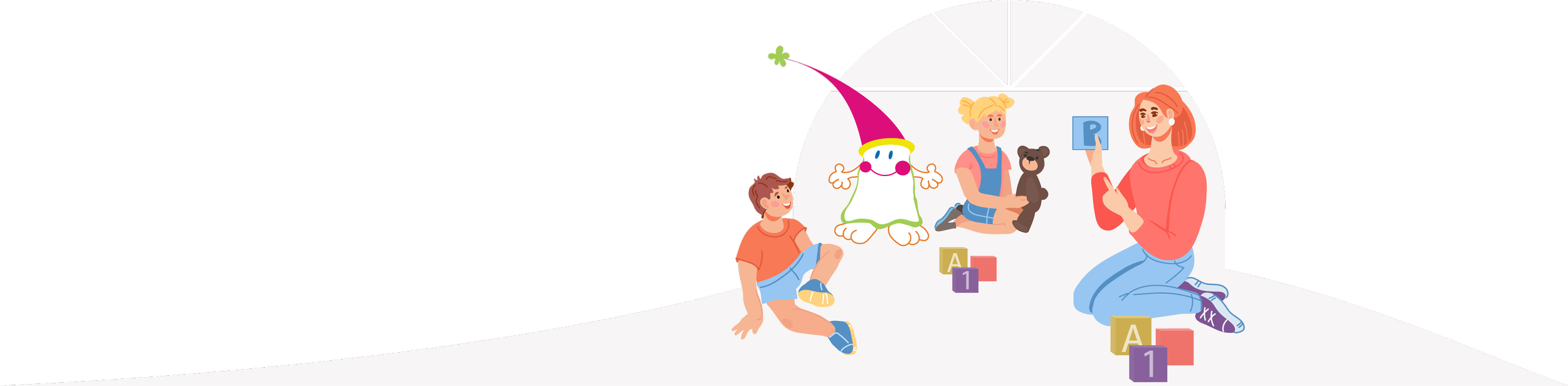 Ilustração de ambiente de aprendizagem, onde as crianças representadas pelo Artista e Cientista interagem com a Educadora.