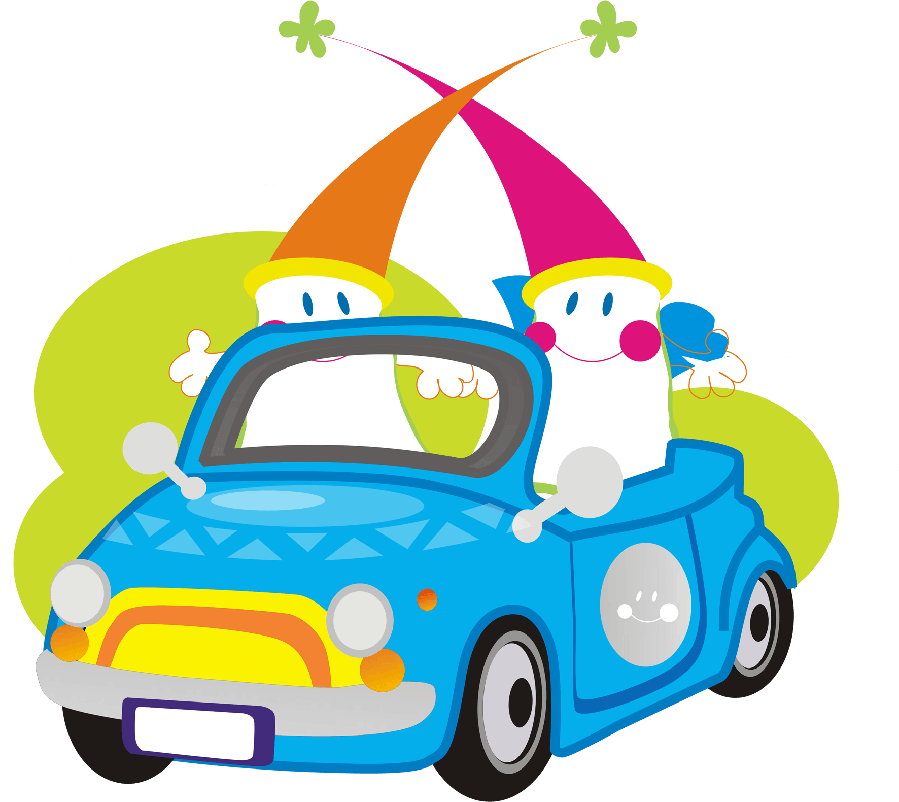 Carro azul com destaque amarelo na frente e quatro rodas, com as nossas mascotes a usar os seus chapéus pontudos coloridos e roupas com cores vibrantes, viajando numa estrada com fundo de céu e nuvens.