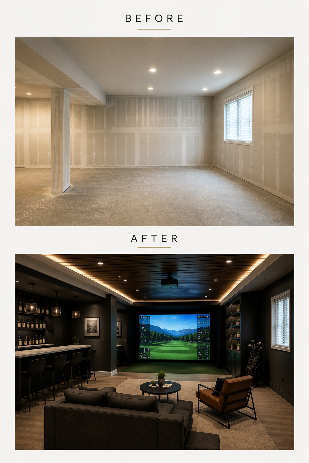 Before and after images of a basement renovation, showing an empty, unfinished basement before and a finished, decorated clubhouse with a golf simulator after.