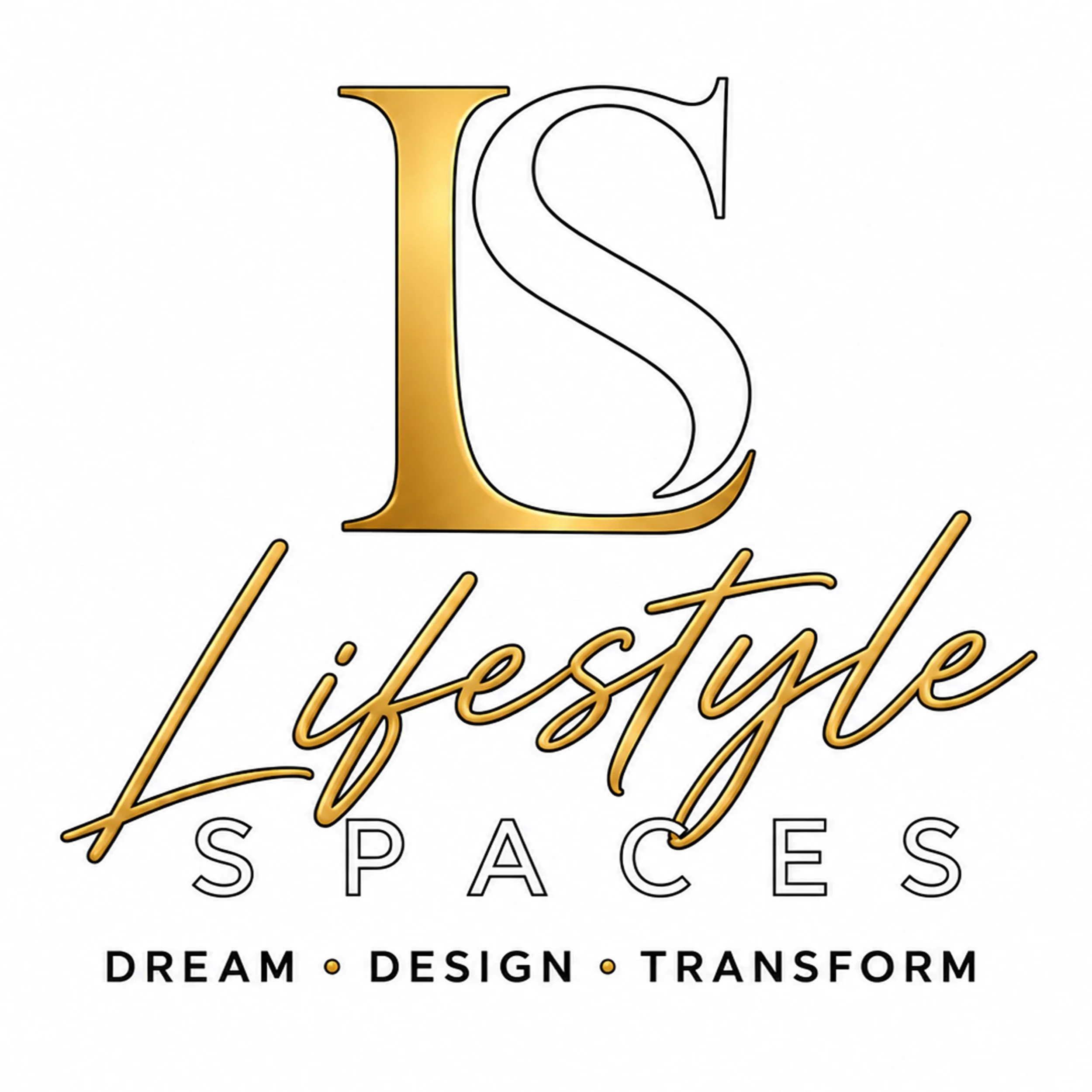 A decorative logo with the letter L in gold and the letter S in black. Below, stylized words 'Spaces' and 'Create' are written with dots separating words, and an additional row with the words 'Dream', 'Design', and 'Transform'.