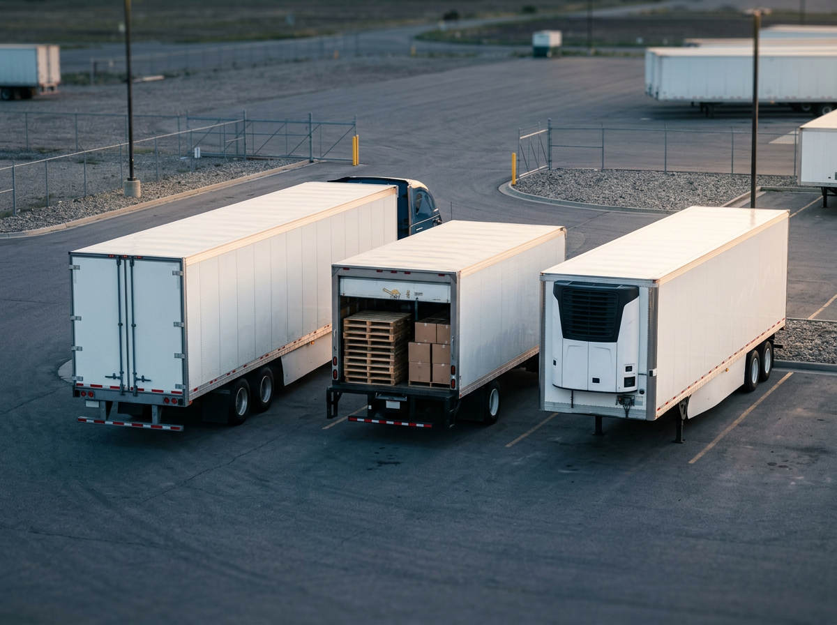 Three large semi-trailers parked in a lot, one with its rear open revealing pallets and boxes inside.