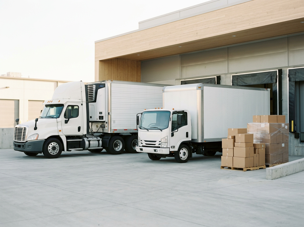 Two white delivery trucks parked outside a warehouse with several stacked boxes on a pallet nearby.