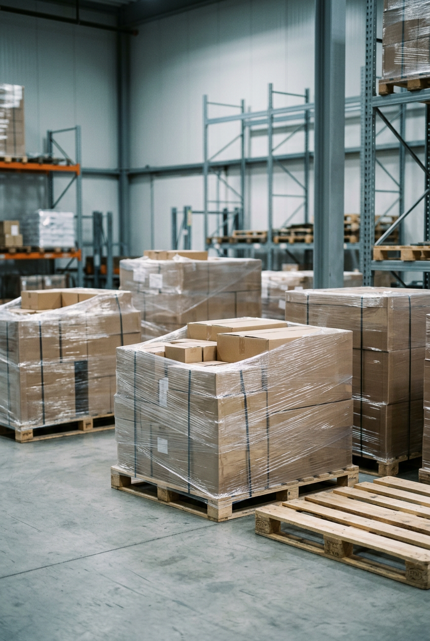 Warehouse storage with stacked cardboard boxes wrapped in plastic on wooden pallets, metal shelving units in the background.