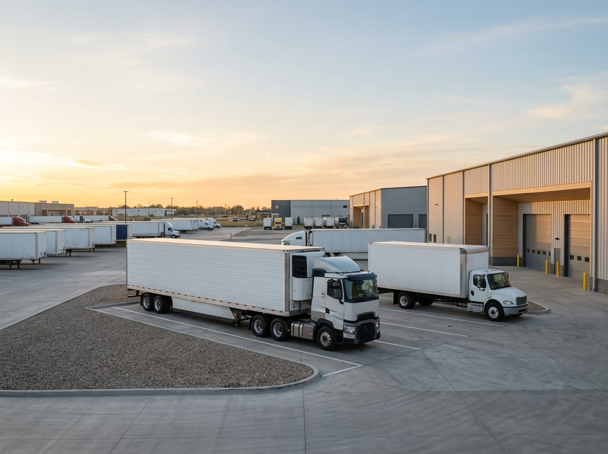 A parking lot with several semi-trucks and trailers parked near warehouse buildings at sunset.