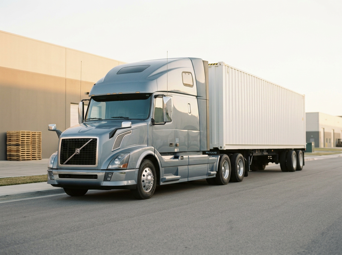 A gray semi-truck with a large cargo container on a road near industrial buildings at sunset.