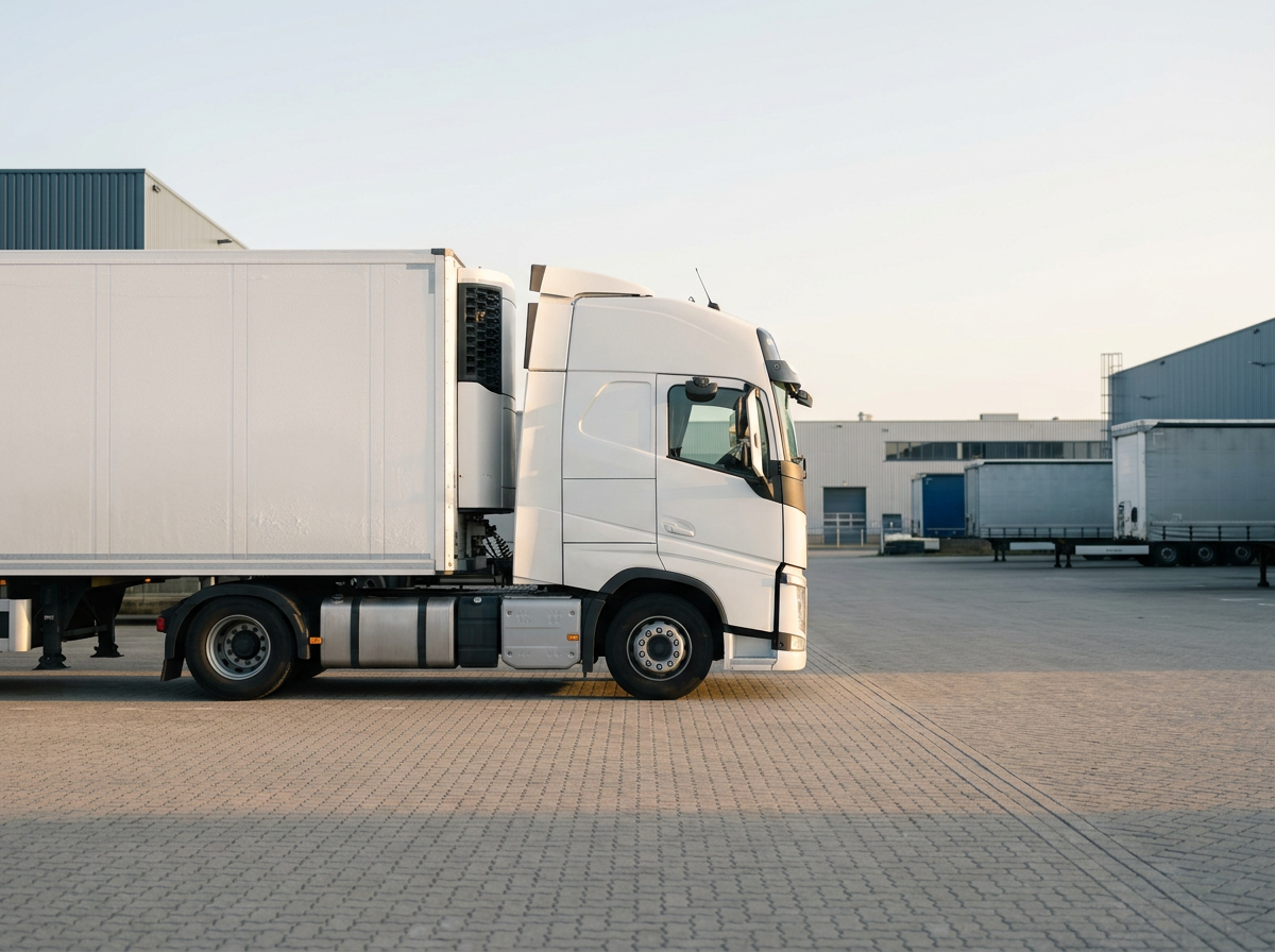Side view of a white refrigerated semi-truck parked on a large paved lot with a warehouse in the background.