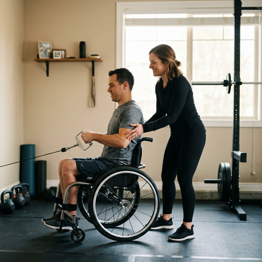 Woman assisting man in a wheelchair with resistance training using a cable machine in a home gym.