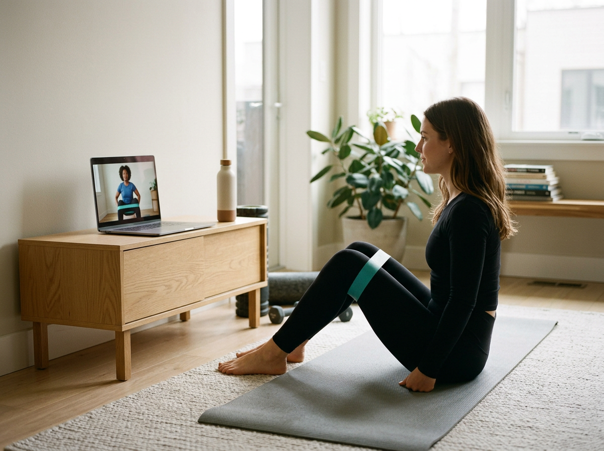 Woman practicing yoga on mat while watching virtual class on a laptop in a bright living room.