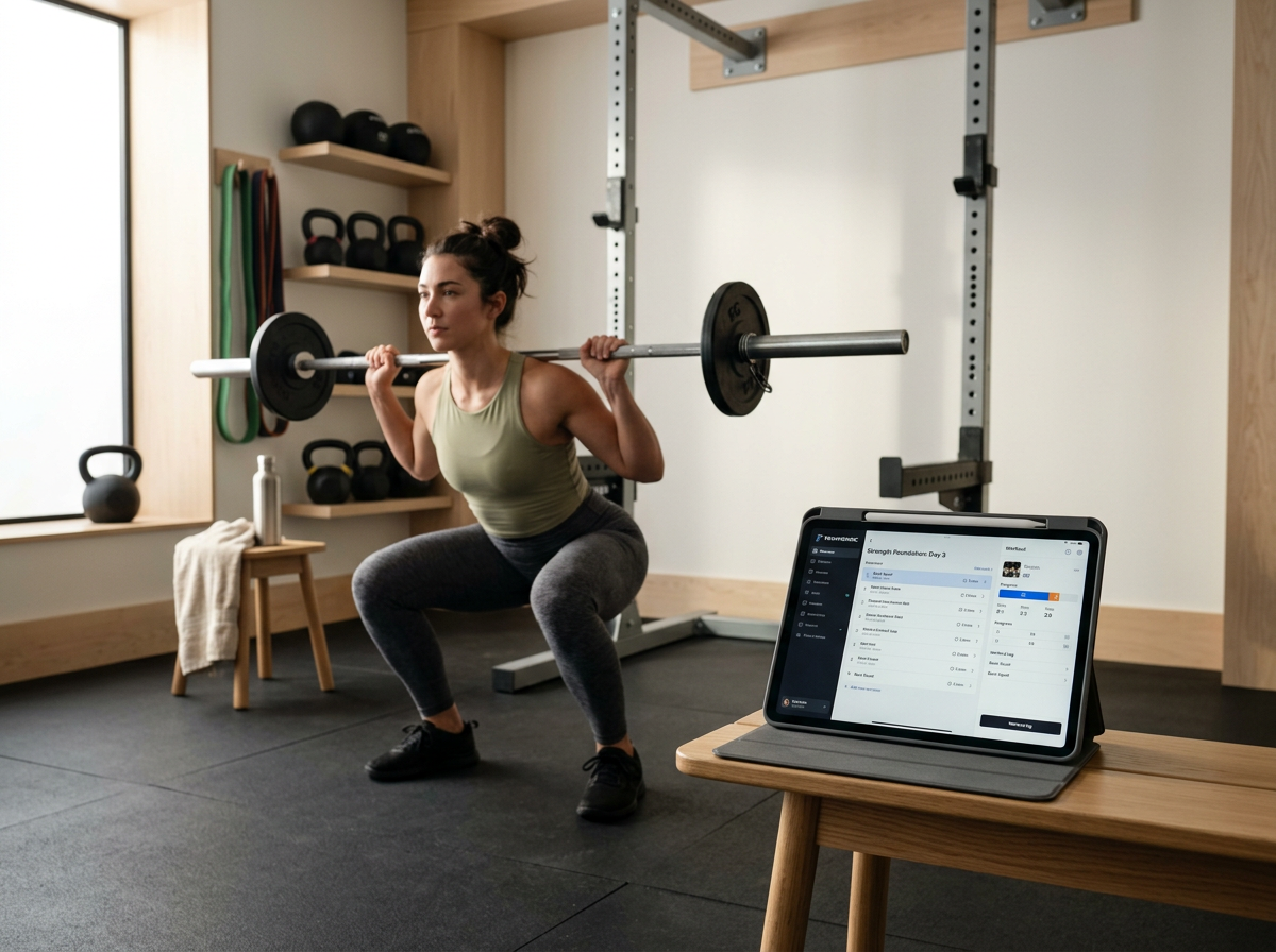 A woman doing a squat exercise with a barbell in a home gym, surrounded by kettlebells and resistance bands, with a tablet on a wooden table displaying a workout log.