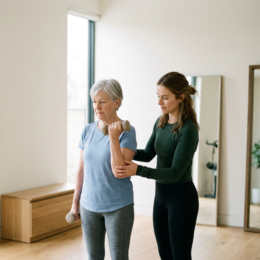 A young woman is assisting an elderly woman with arm exercises using light dumbbells in a bright room with large windows.