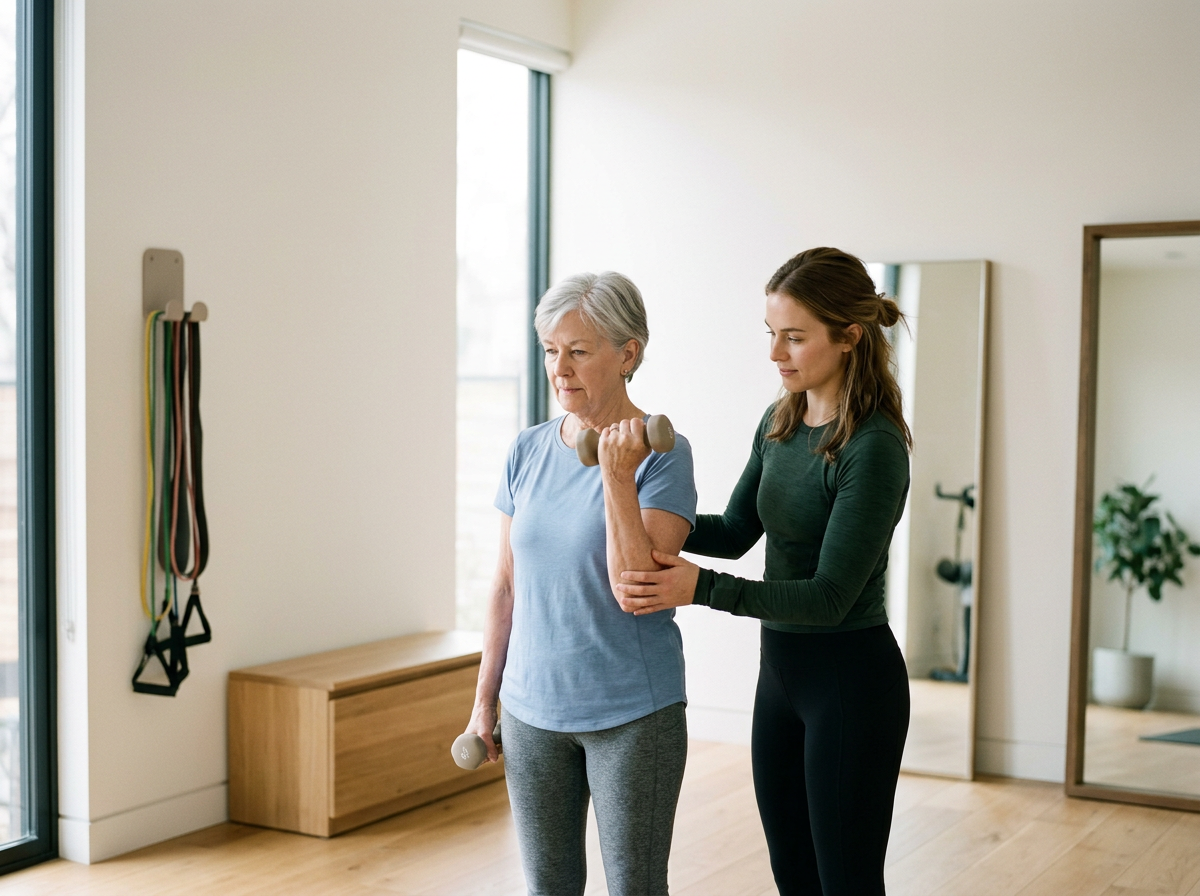 A young female fitness trainer assists an elderly woman with a weightlifting exercise in a bright, modern gym room.