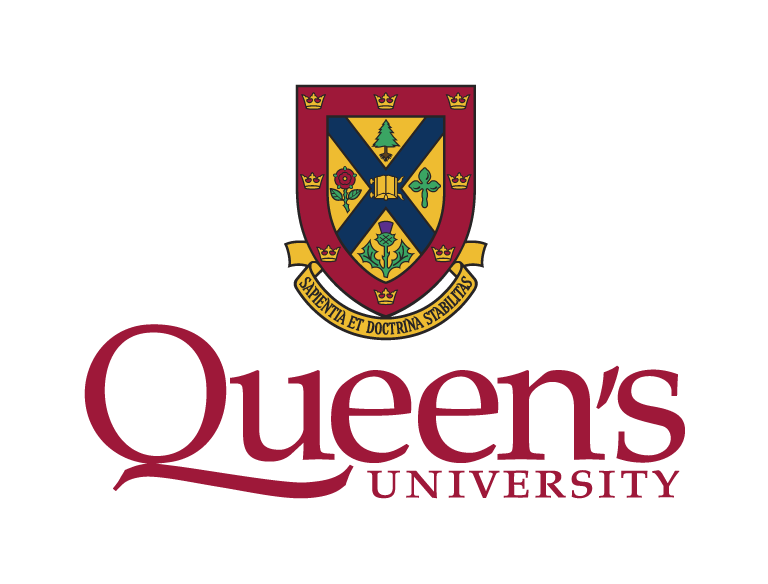 The Queens University logo featuring a coat of arms with a shield, crowned in gold, containing a tree, flowers, and a book, with a Latin motto, and the name 'Queen's University' in burgundy text.