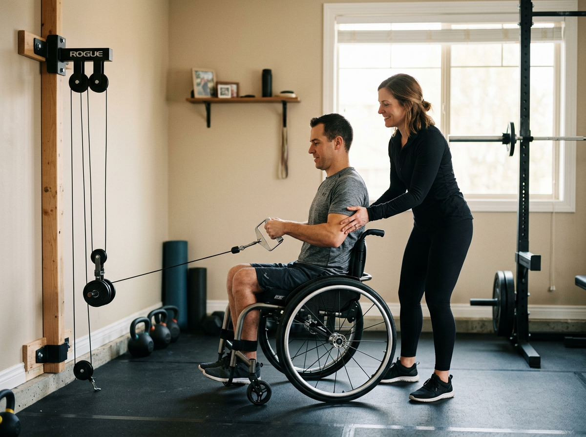 A woman assisting a man in a wheelchair with exercises using a cable machine in a home gym.