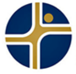 Stylized logo with a blue circle divided by a gold cross and a gold dot