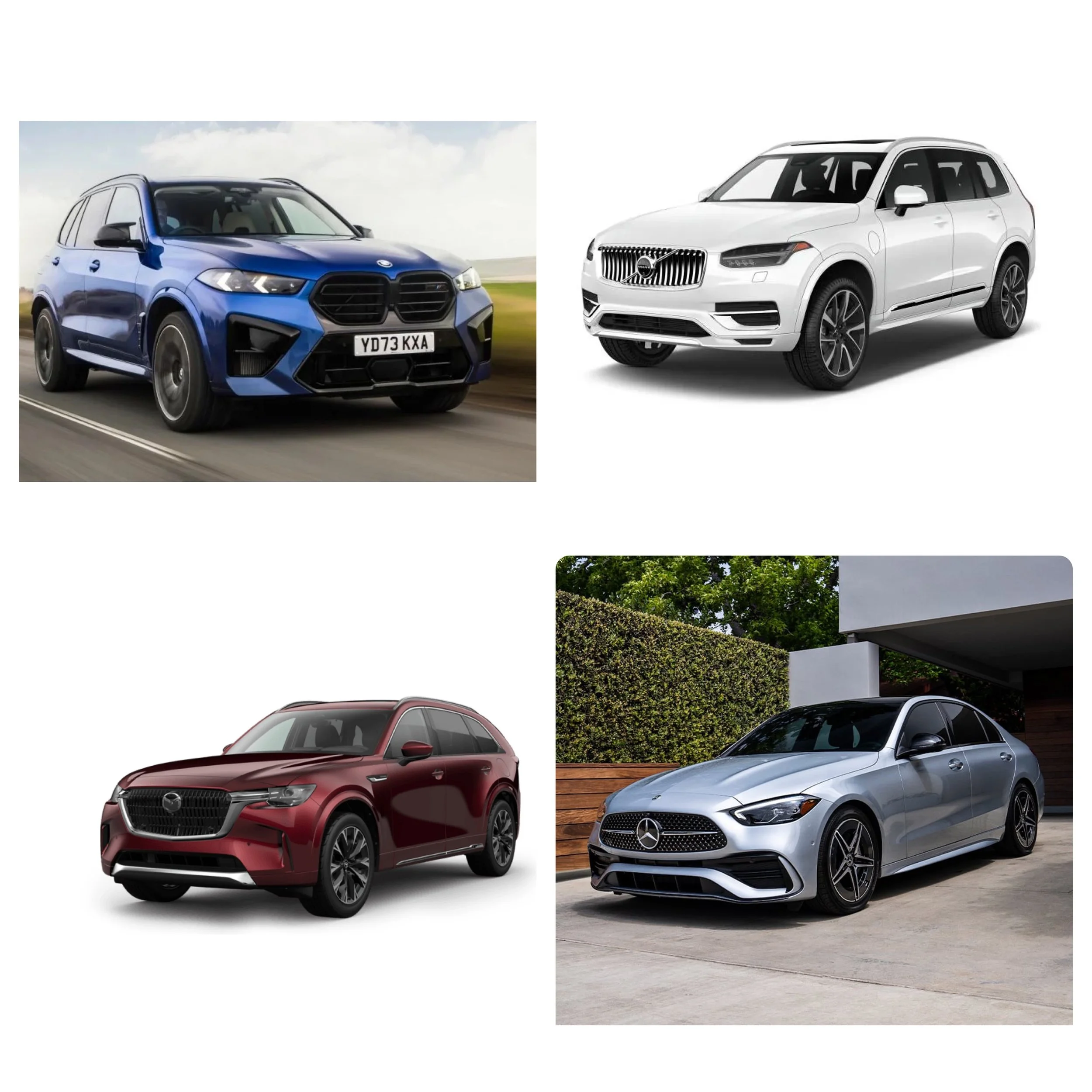 Four different cars, including a blue SUV, a white SUV, a red compact SUV, and a gray luxury sedan, parked outdoors and on a road.
