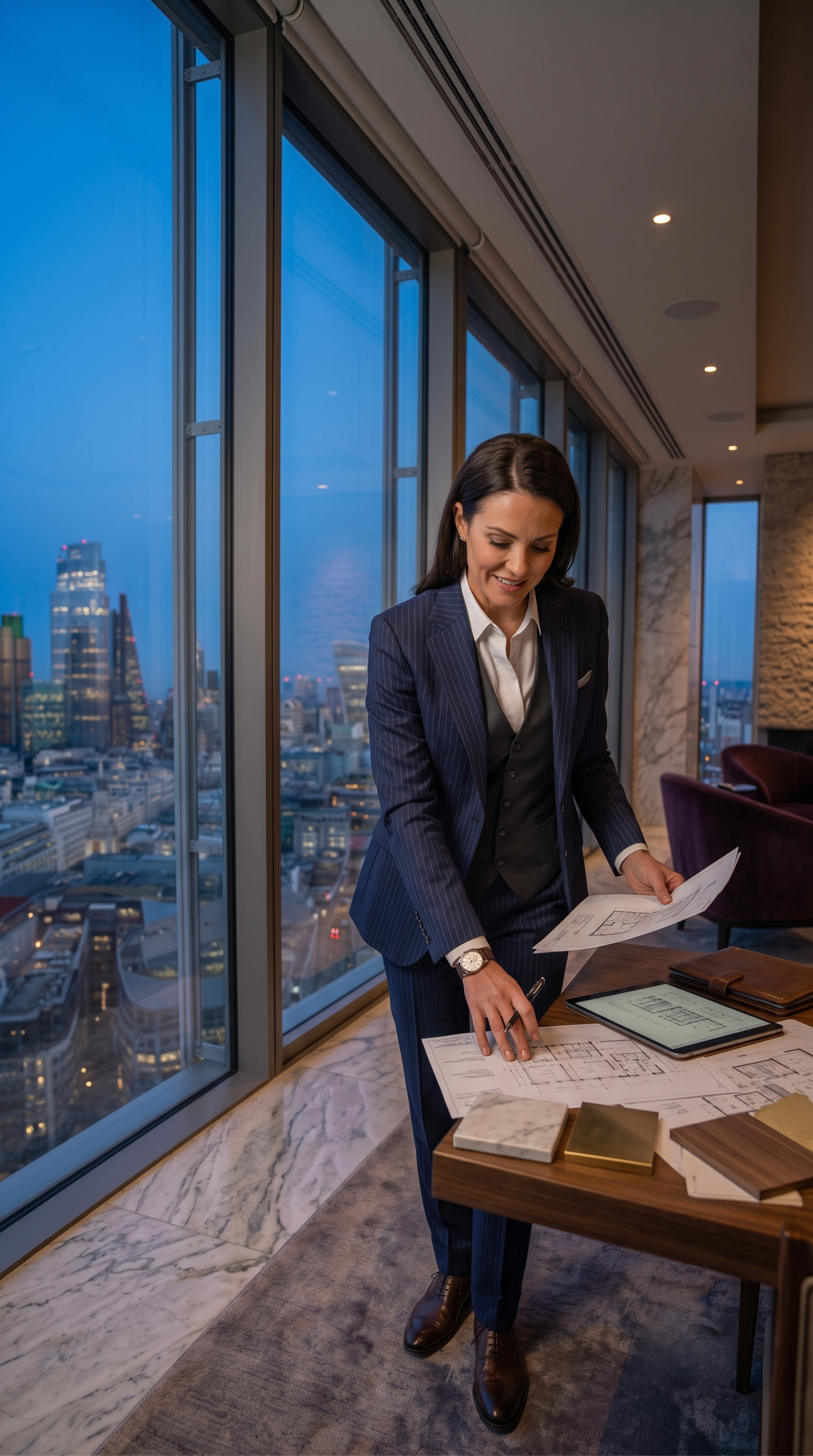 A woman in a pinstripe suit stands at a desk with architectural blueprints and samples, reviewing documents during the evening in a city office with large windows showing a city skyline.
