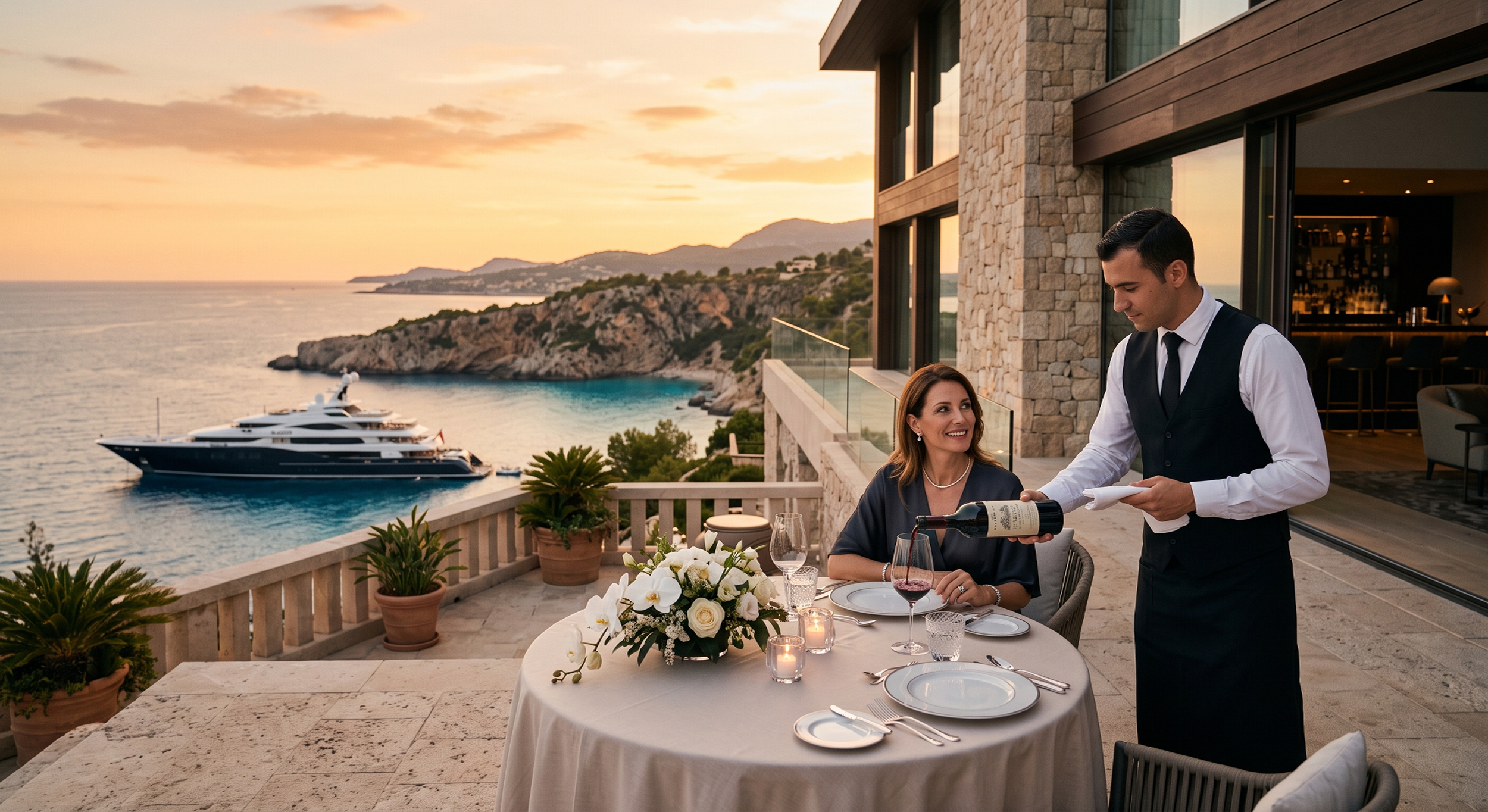 A woman dining at an outdoor restaurant on a balcony overlooking the ocean and a yacht docked nearby during sunset. A waiter is pouring wine for her.