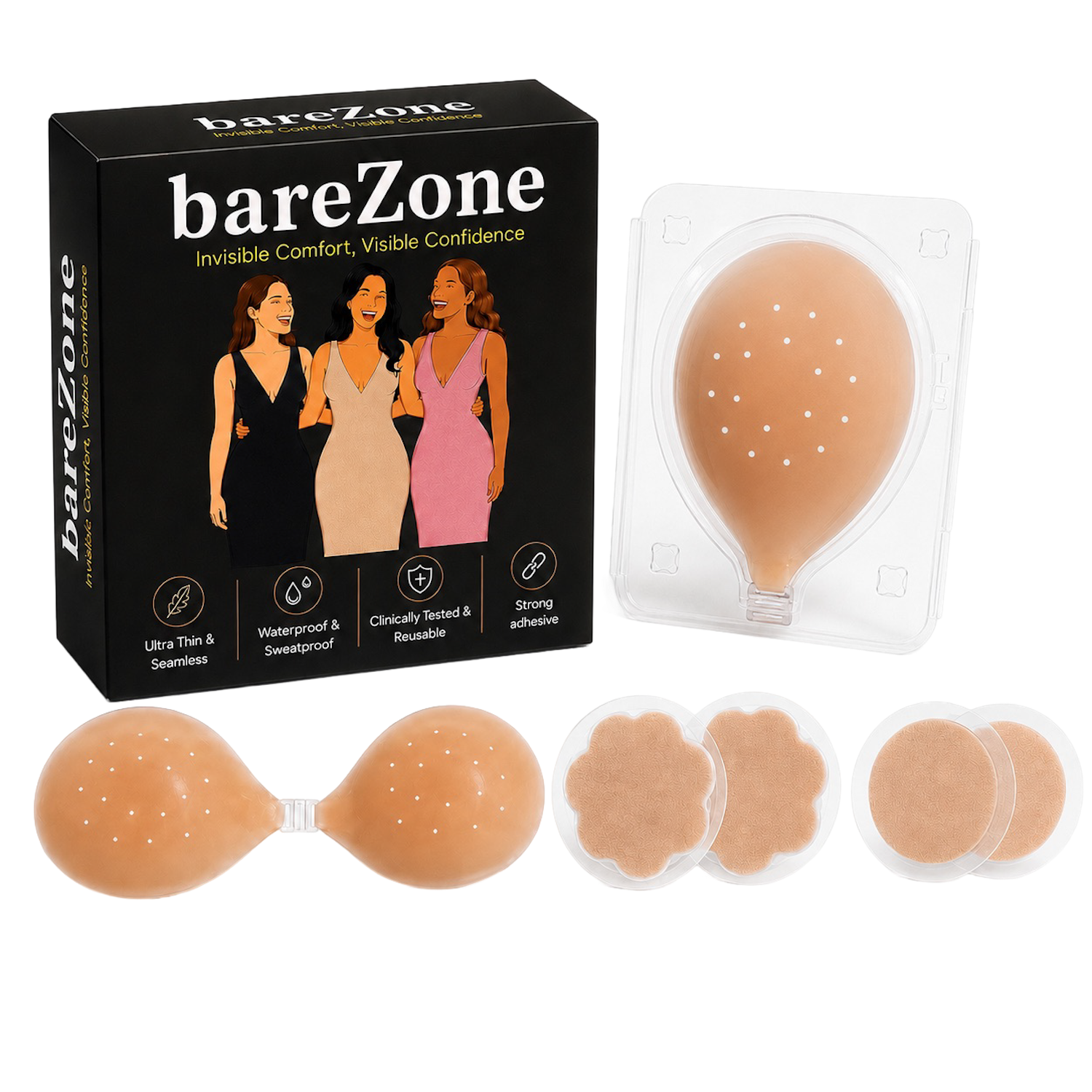 Breathable Silicone Bra for Women, Reusable Sticky Strapless Backless Bra with Vented Cups, Waterproof, A-D Cups