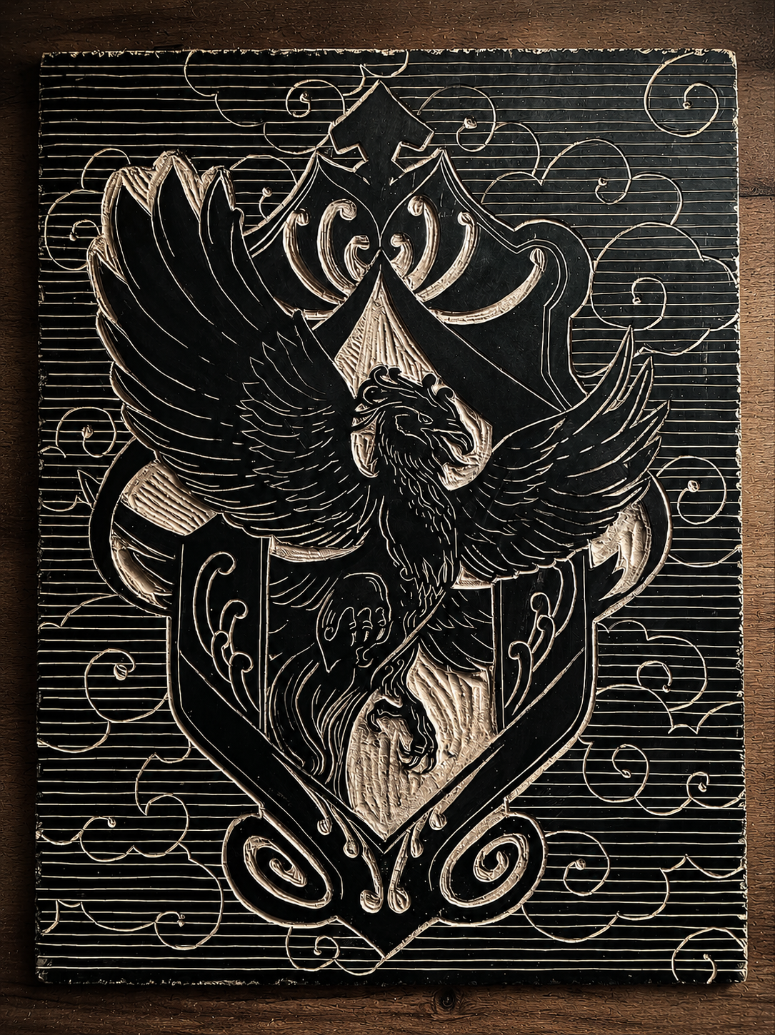 A black and silver embossed coat of arms featuring a lion with wings, a shield, and decorative scrollwork.