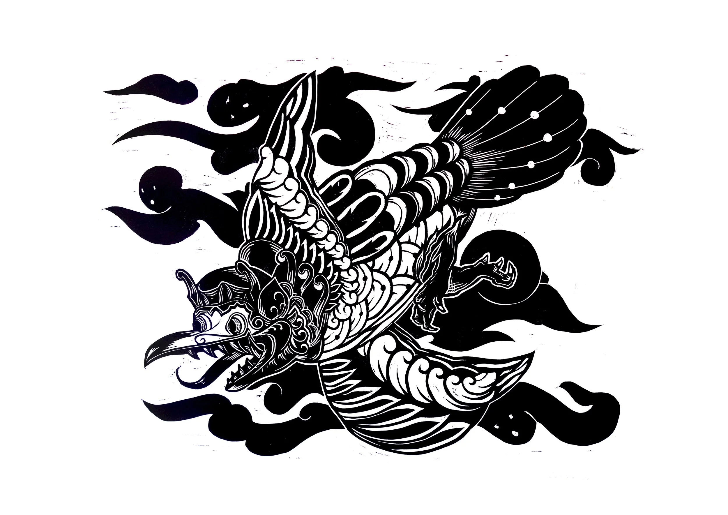 A black and white traditional Japanese tattoo design featuring a fierce dragon with intricate scales and flowing mane, surrounded by stylized flames or clouds.