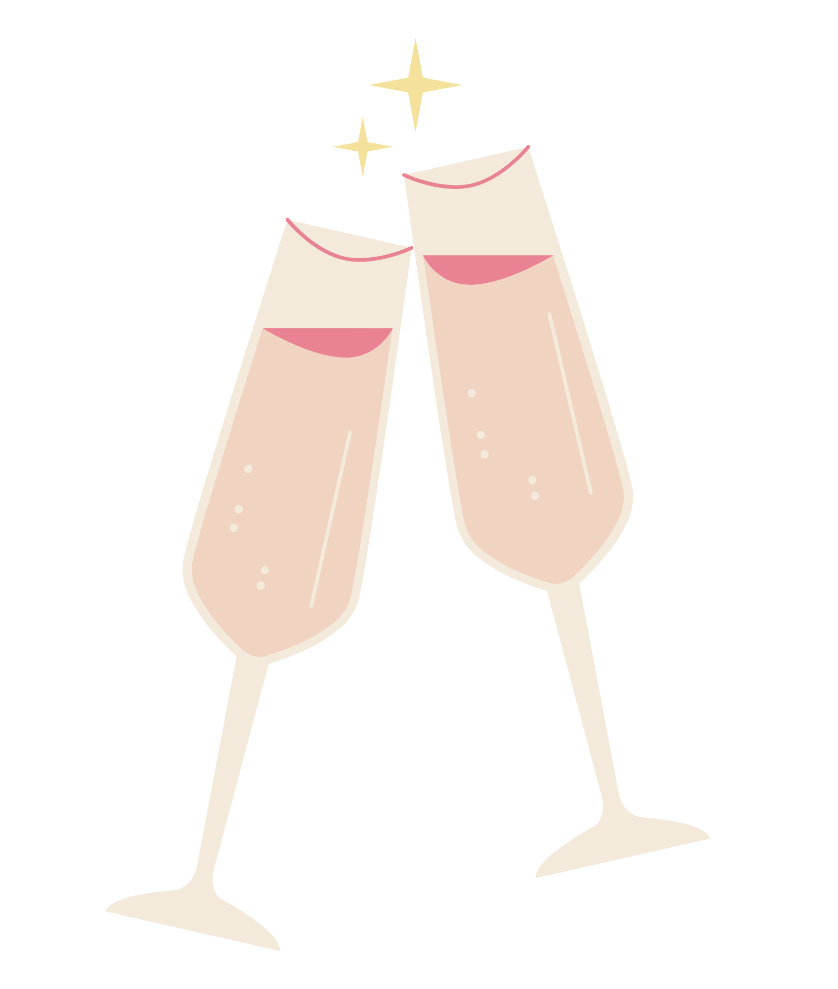 Two champagne glasses clinking together, with sparkling stars above, celebration or cheers.