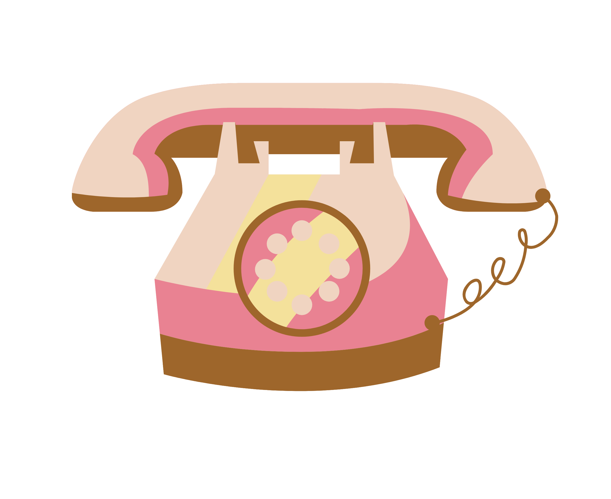 A vintage rotary telephone in pink, cream, and brown with a cord.