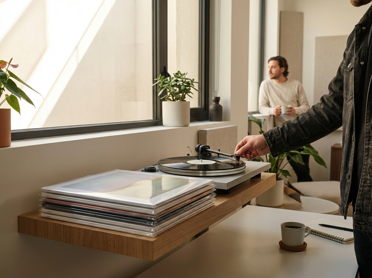 A person in a black jacket is playing a vinyl record on a turntable in a cozy room with large windows and potted plants, while a man in a light sweater drinks coffee in the background.
