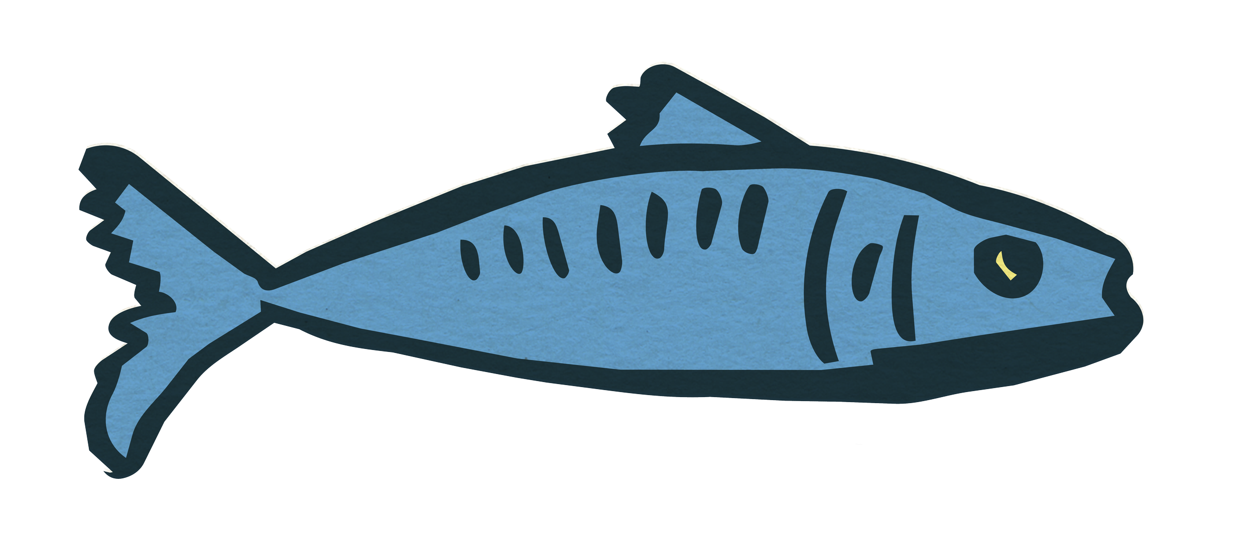 A drawing of a blue fish with dark outlines, featuring a yellow eye and dorsal fin, on a white background.
