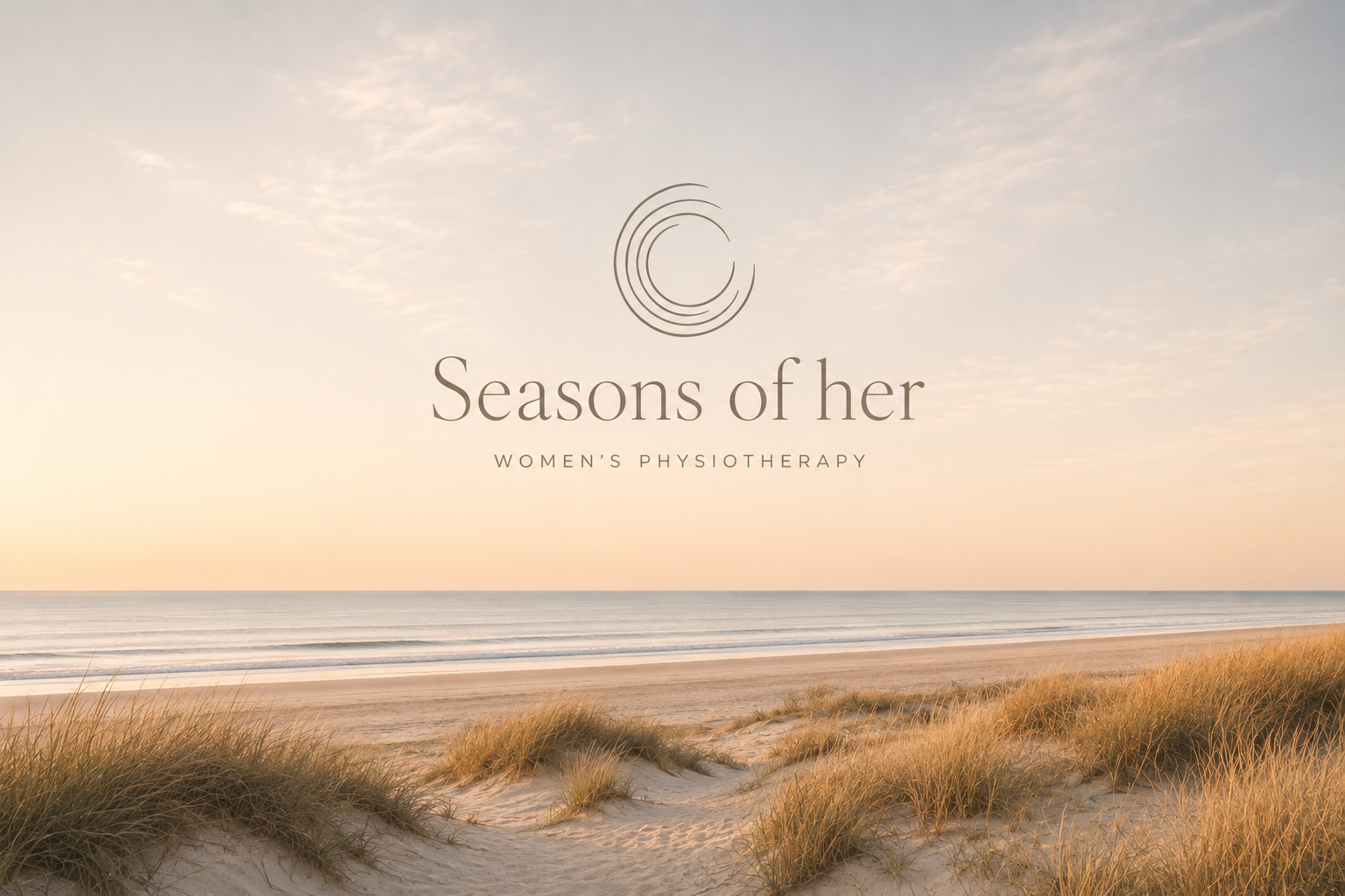 Logo with circular design, title 'Seasons of her', subtitle 'Women's Physiotherapy', beach scene with sand dunes, grass, ocean, and sky at sunrise or sunset.