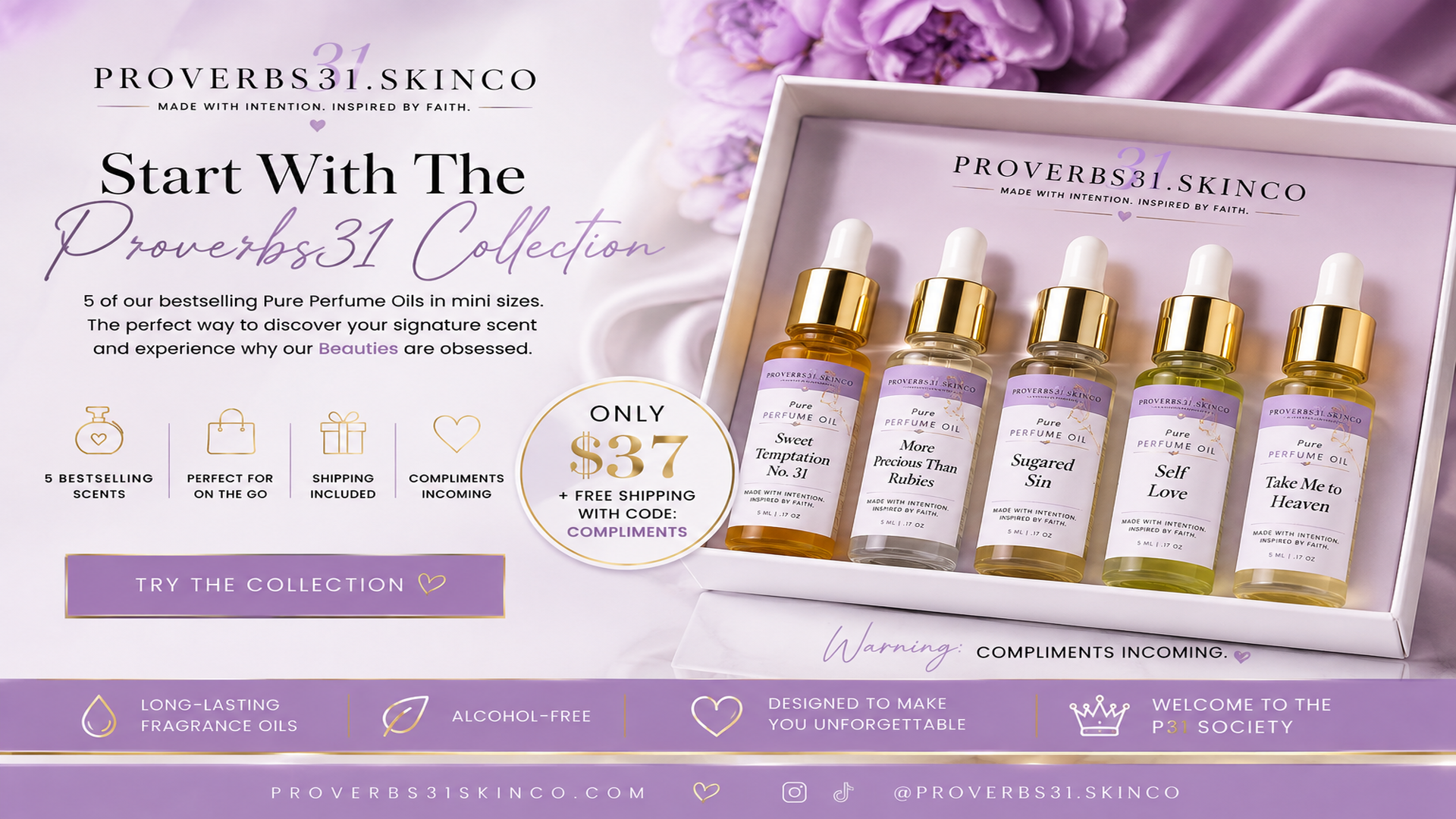 Box of five small perfume oil bottles with gold caps and lavender labels, arranged inside a white box, part of Proverbs 31 Skin Co. collection, with pink and purple flower decorations in the background.