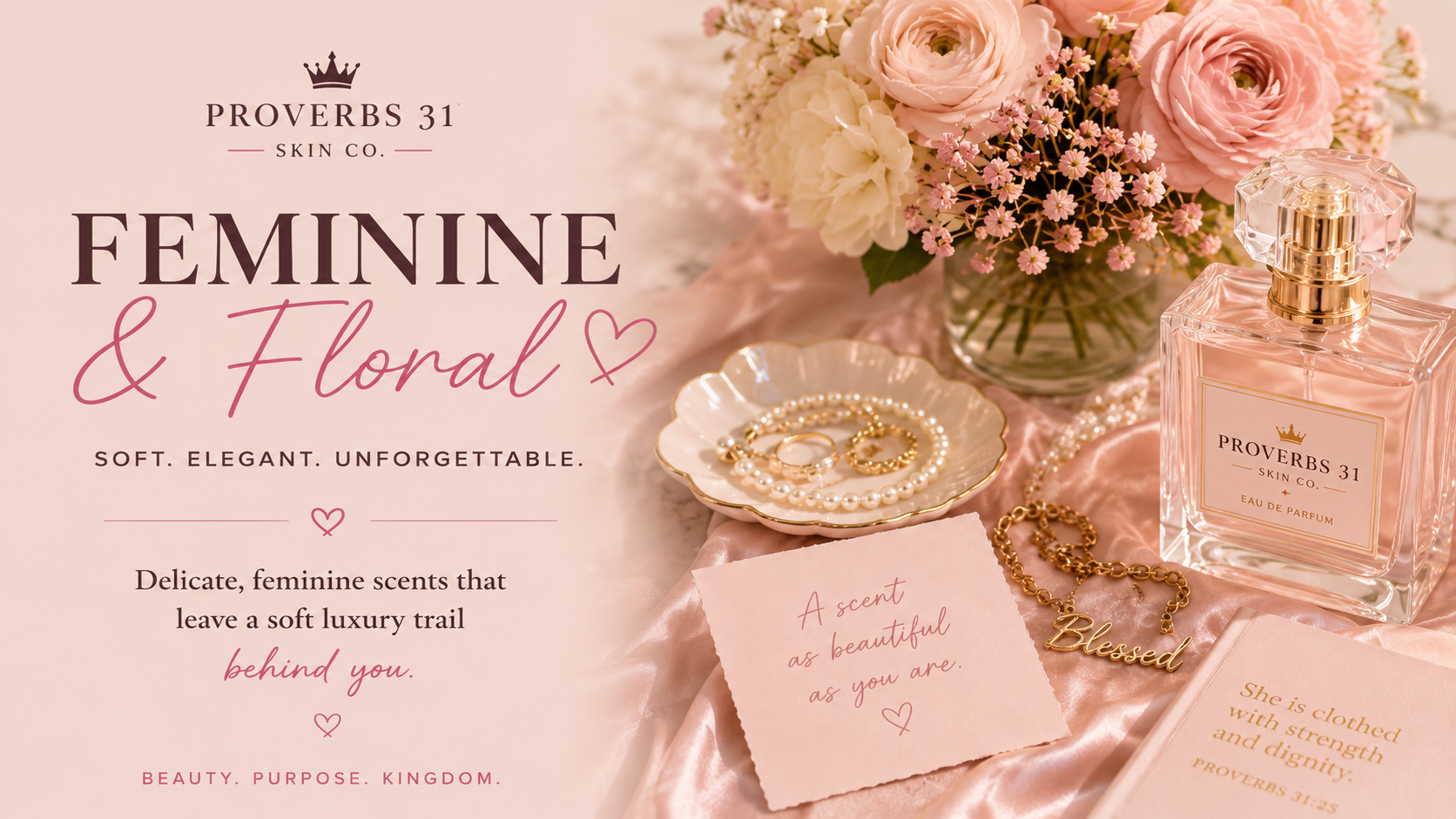 Pink floral arrangement with roses and small flowers in a clear glass vase, a perfume bottle labeled Proverbs 31 Skin Co., jewelry including pearl necklaces, gold rings, and a gold necklace with a 'Blessed' pendant. A small pink card with a handwritten message says, 'A scent as beautiful as you are.' A pink satin cloth and a pink book with a quote about strength and dignity are also visible.