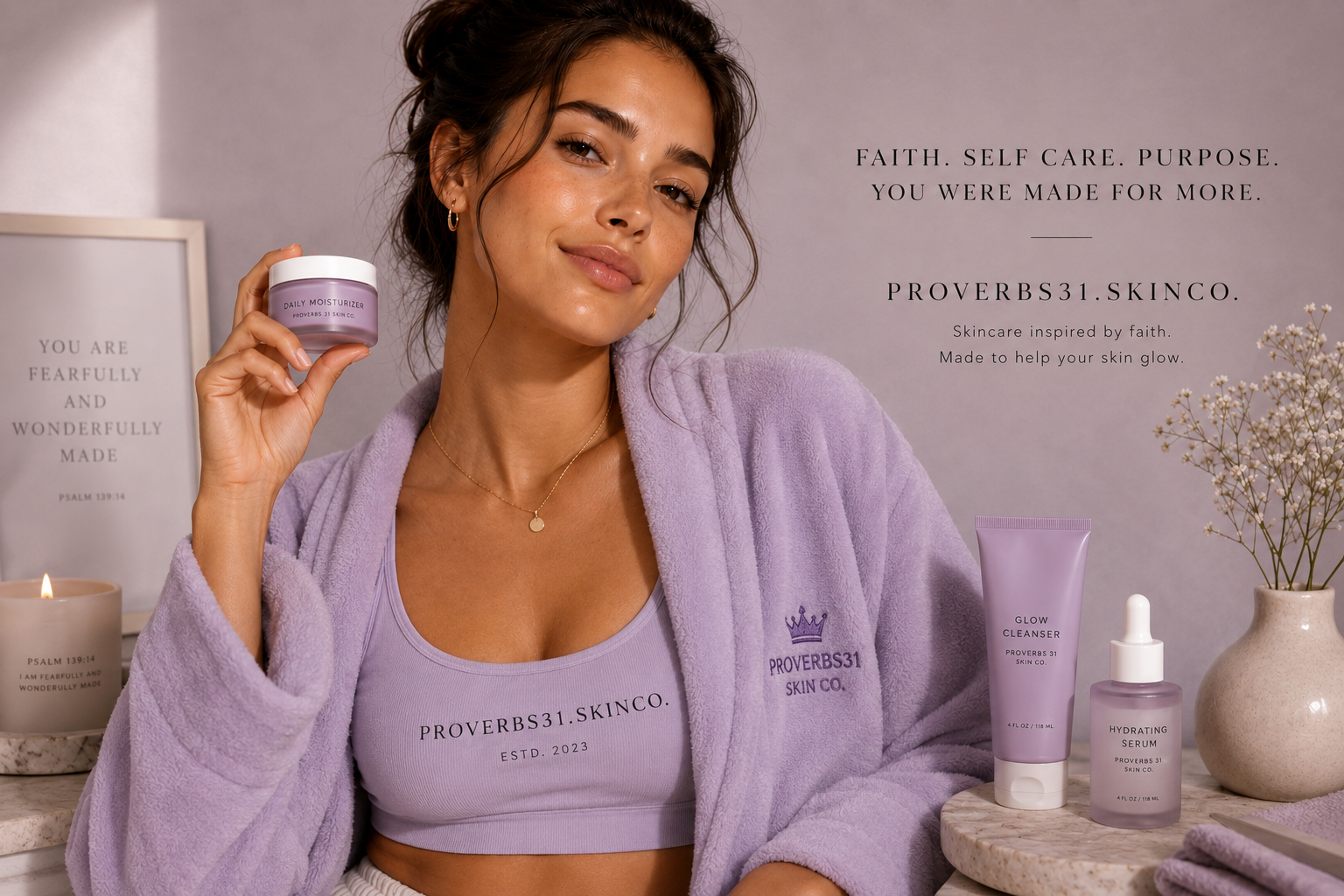 A woman with dark hair wearing a purple tank top and a lavender robe holding a small jar of moisturizing cream in her right hand, sitting at a marble table with skincare products, candles, and a plant in a beige vase. The background features framed motivational quotes related to faith and self-care.