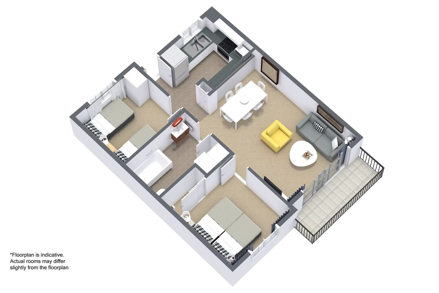 3D floor plan of a one-bedroom apartment featuring a living room, dining area, kitchen, bedroom, bathroom, and balcony.