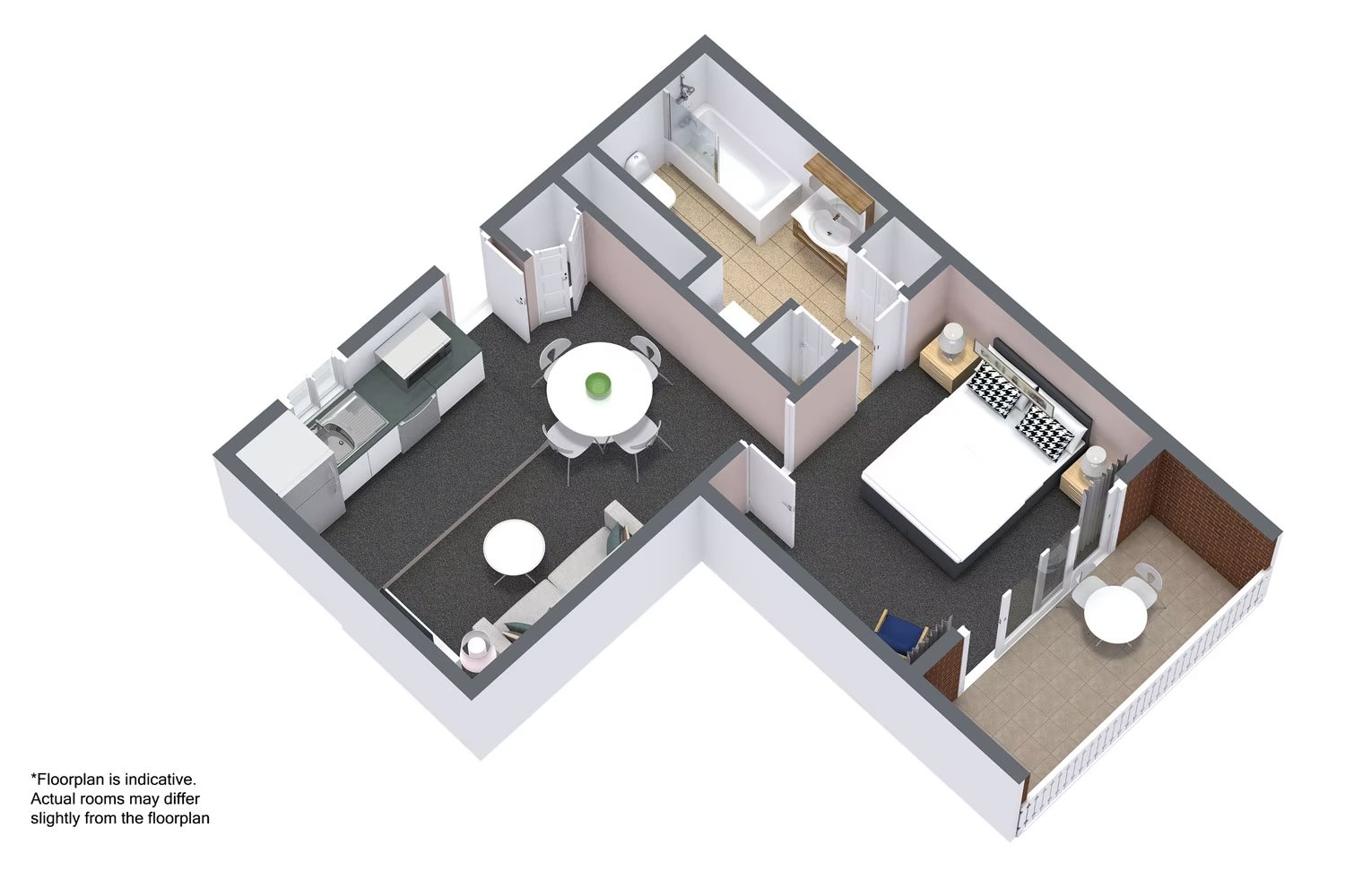 This is a 3D floor plan of a small apartment with a bedroom, living area, kitchen, bathroom, and a balcony.