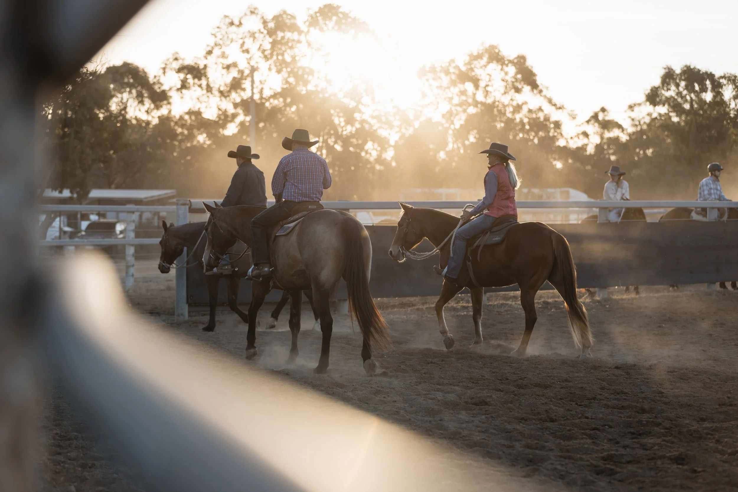 People horseback riding at a rodeo or equestrian event during sunset, viewed through a circular opening.