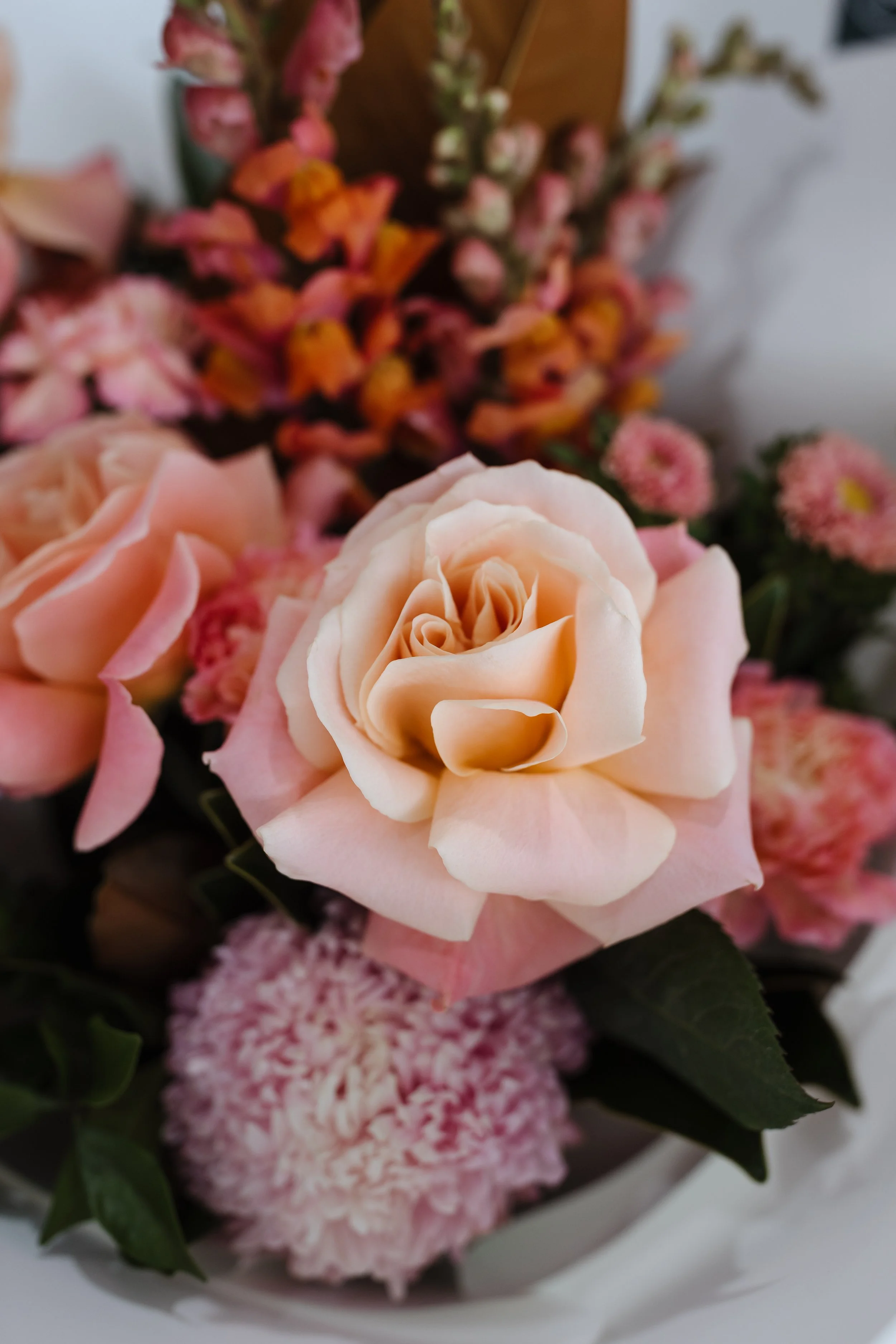 Close-up of a bouquet including a peach-colored rose, pink carnations, and other pink and orange flowers arranged with green leaves.