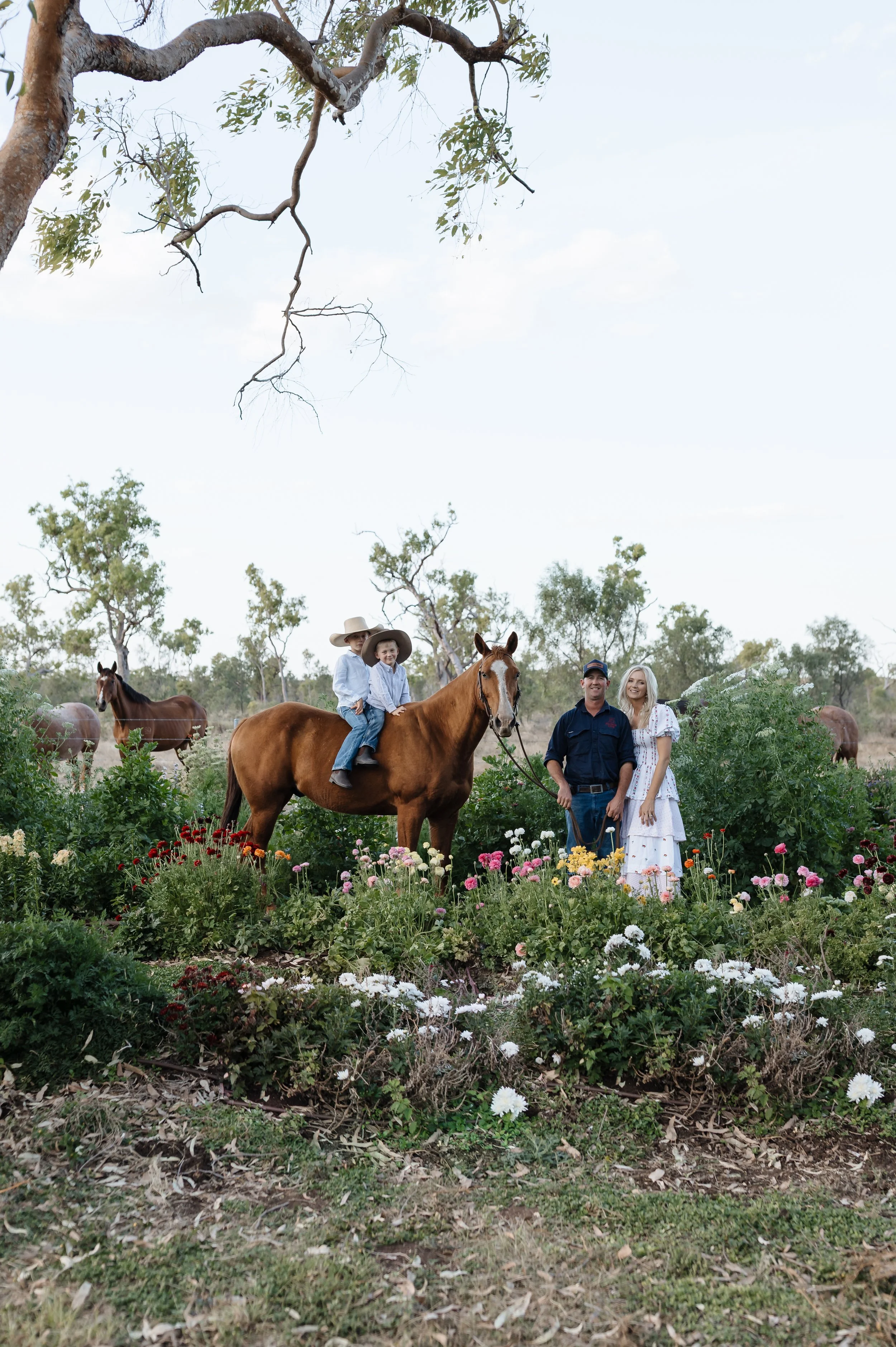 A family standing in a garden with colorful flowers, with children on a horse, a man holding the horse's reins, and a woman hugging the man, all under a tree with a clear sky.
