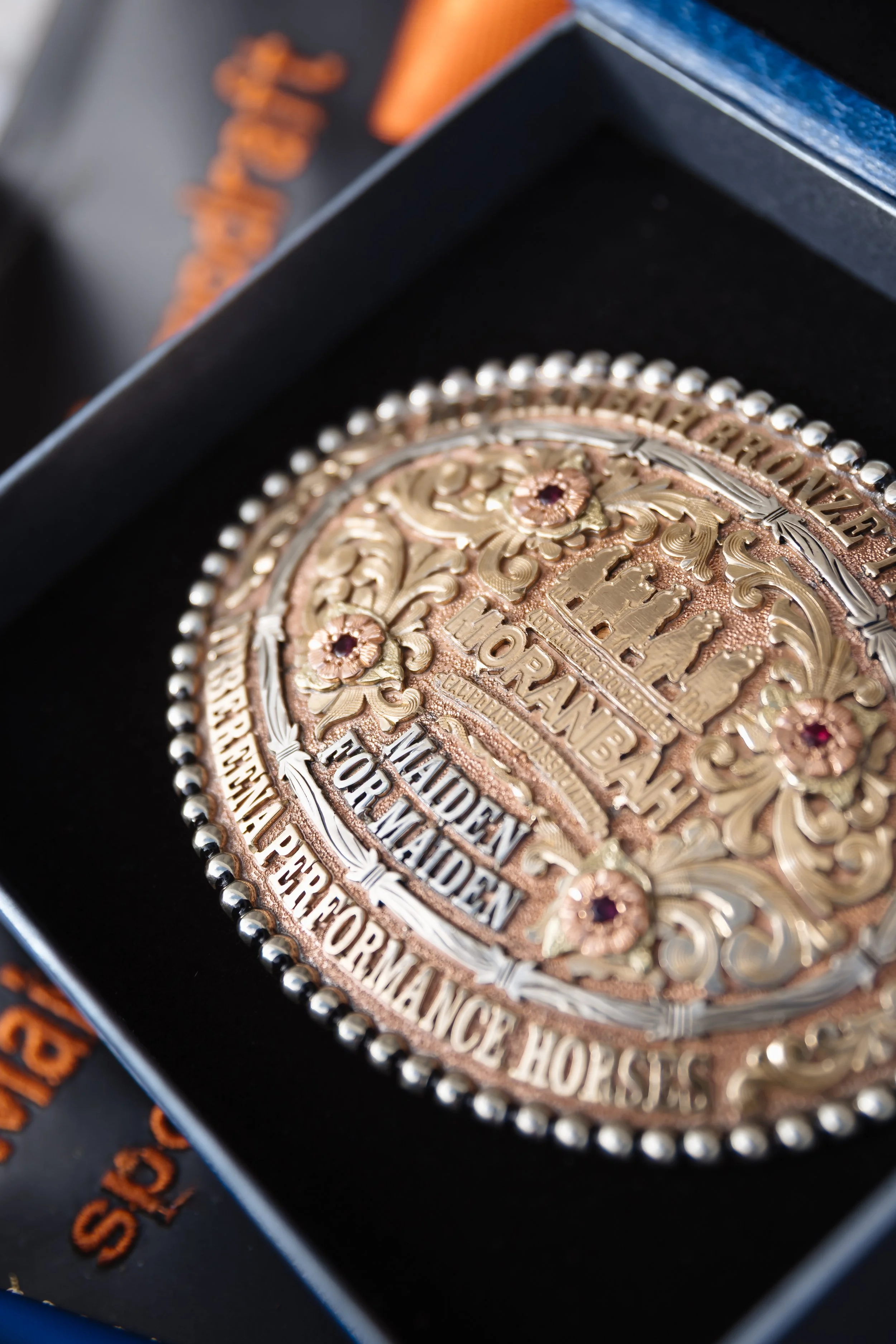 Close-up of an ornate metal badge with intricate gold detailing, surrounded by small metallic beads, inside a black box with orange text on a blue surface.