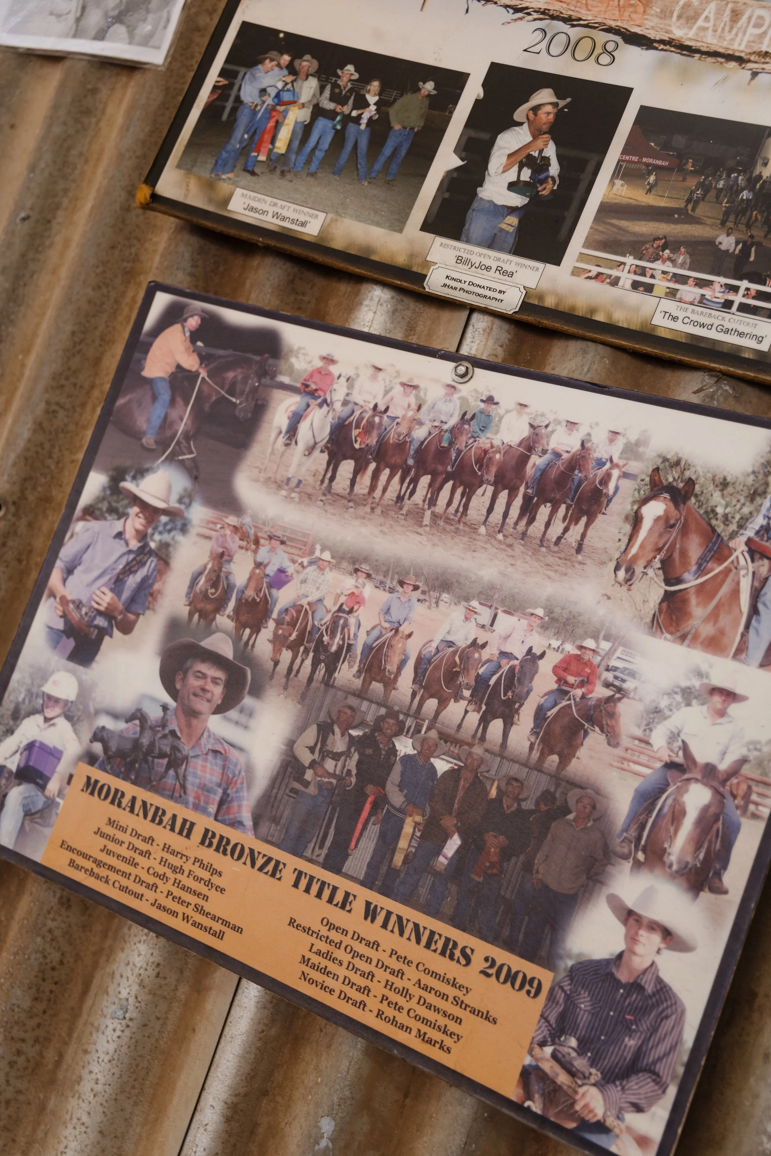 Photo collage of rodeo events from 2008 and 2009 including people on horseback, awards, and group photos at the Morambah Bronze Trophy Winners event.