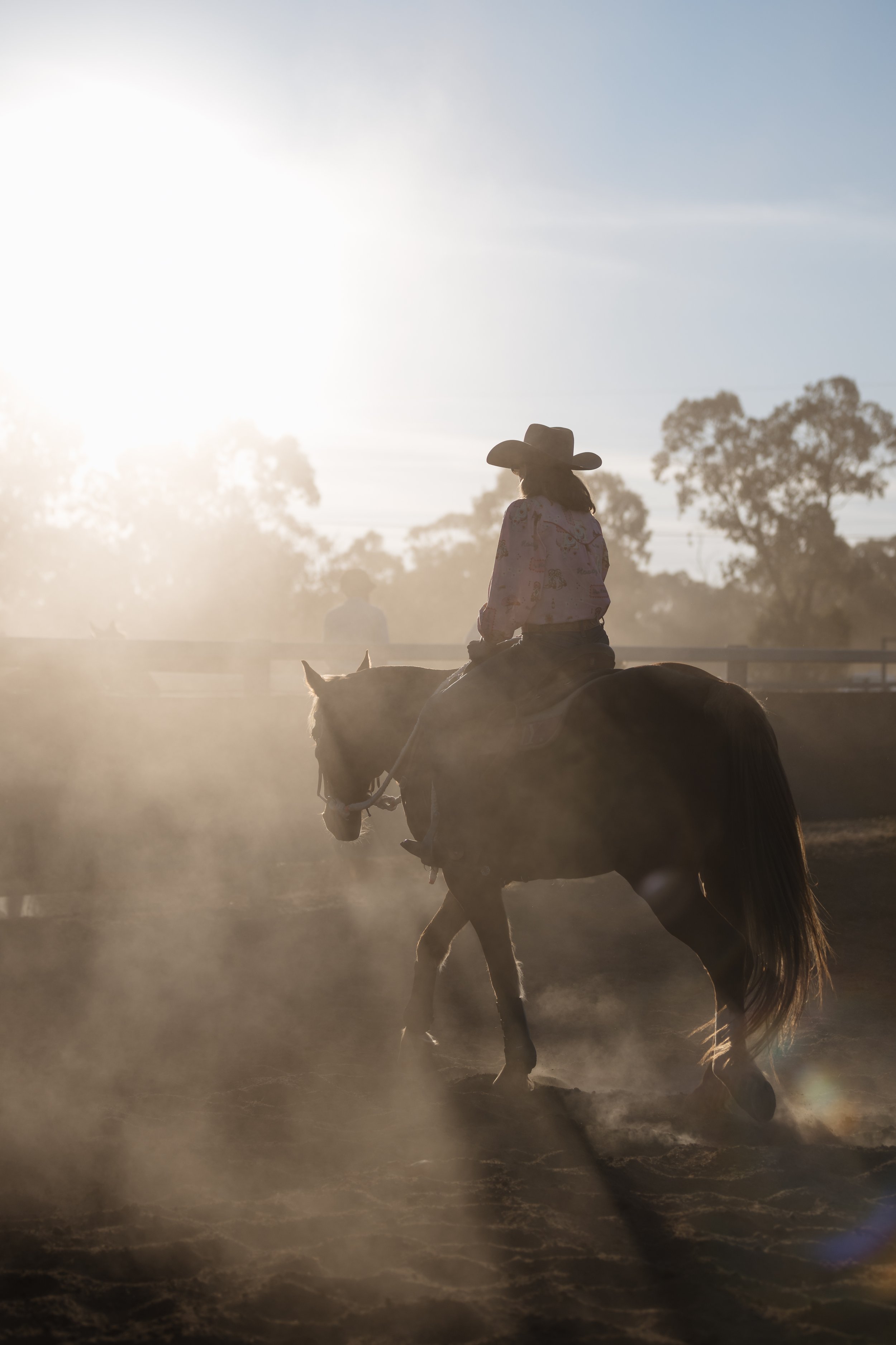 Person wearing a cowboy hat riding a horse, with dust and sunlight creating a silhouette, in a rural outdoor setting with trees in the background.