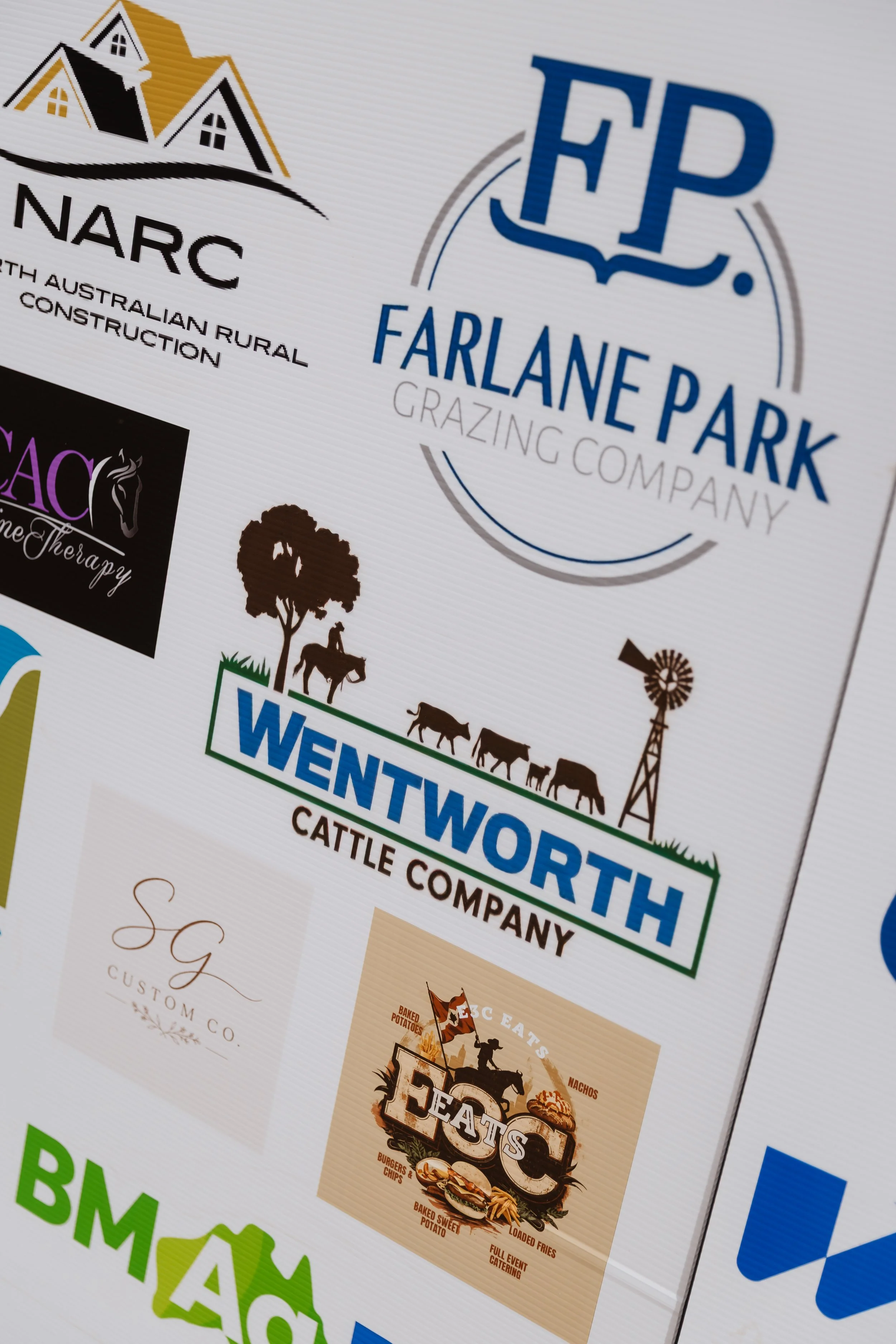 Collage of various company logos including Farlane Park Grazing Company, Wentworth Cattle Company, NAC, FEAST burger restaurant, and a custom co. logo, with some images of animals and rural scenes.
