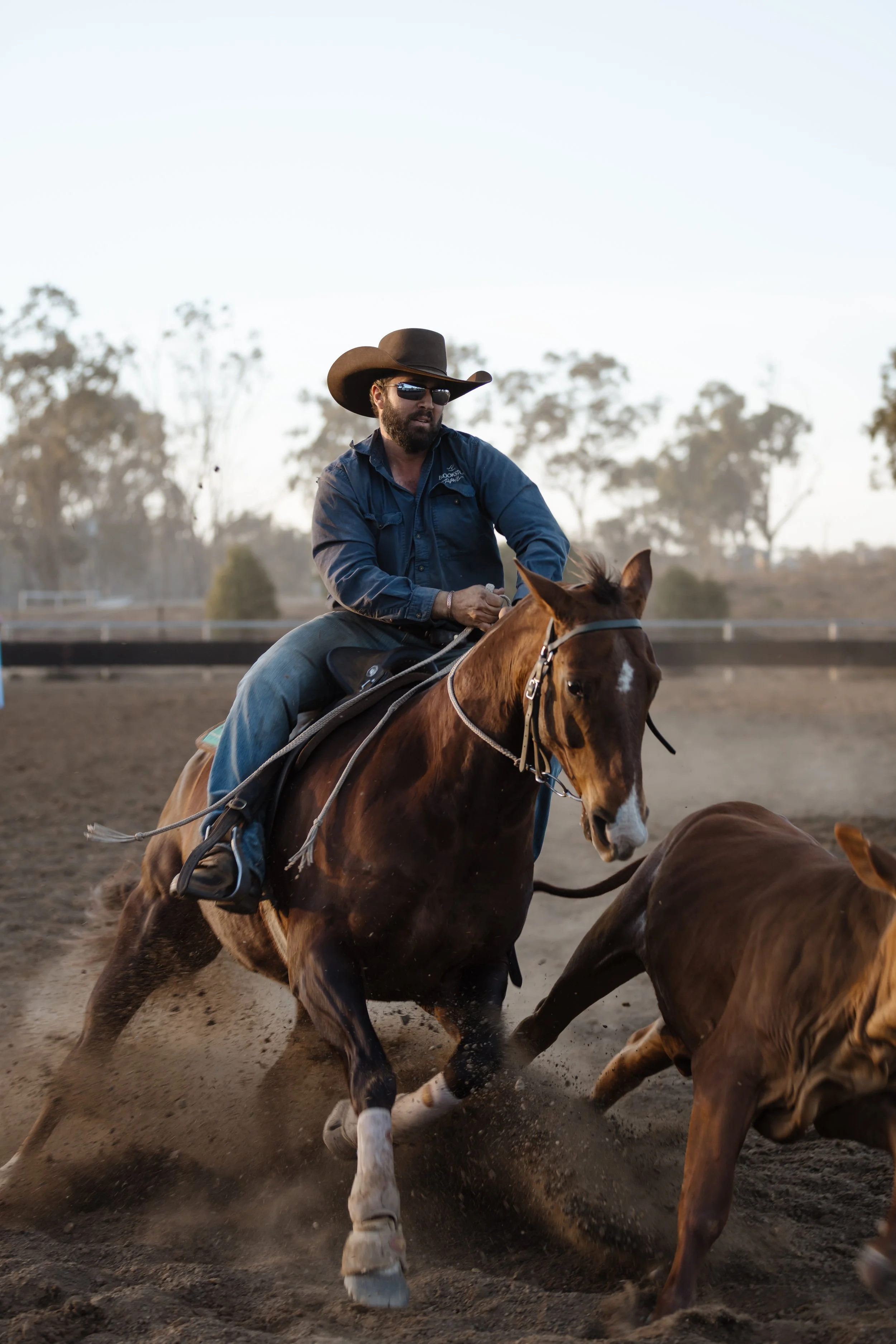 A man riding a horse while participating in a rodeo event, with other horses and riders visible in the background.