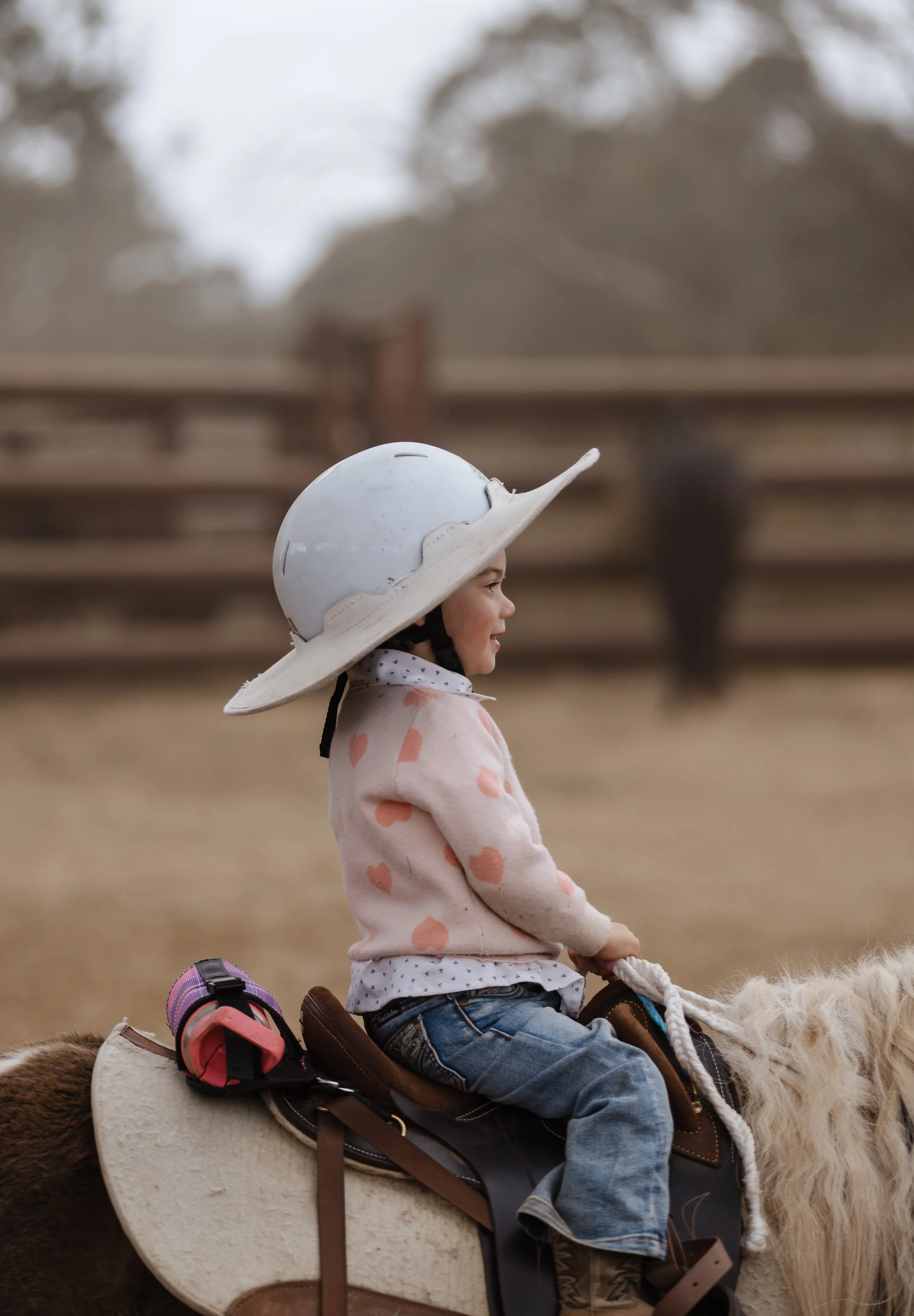 A young girl riding a horse outdoors, wearing a white helmet and a pink sweatshirt with heart patterns, with trees and a fence in the background.