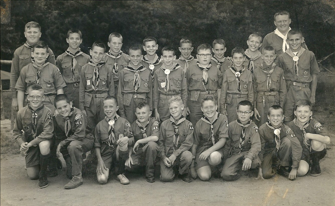 The Schaffer Drive kids went to Boy Scout camp together in 1958. That's me (with the terrible haircut) bottom row, fourth from left. Same row, second from right,  Bill Crossley, and first right, Phil Reynolds. On the top row, Terry Crossley, third fr