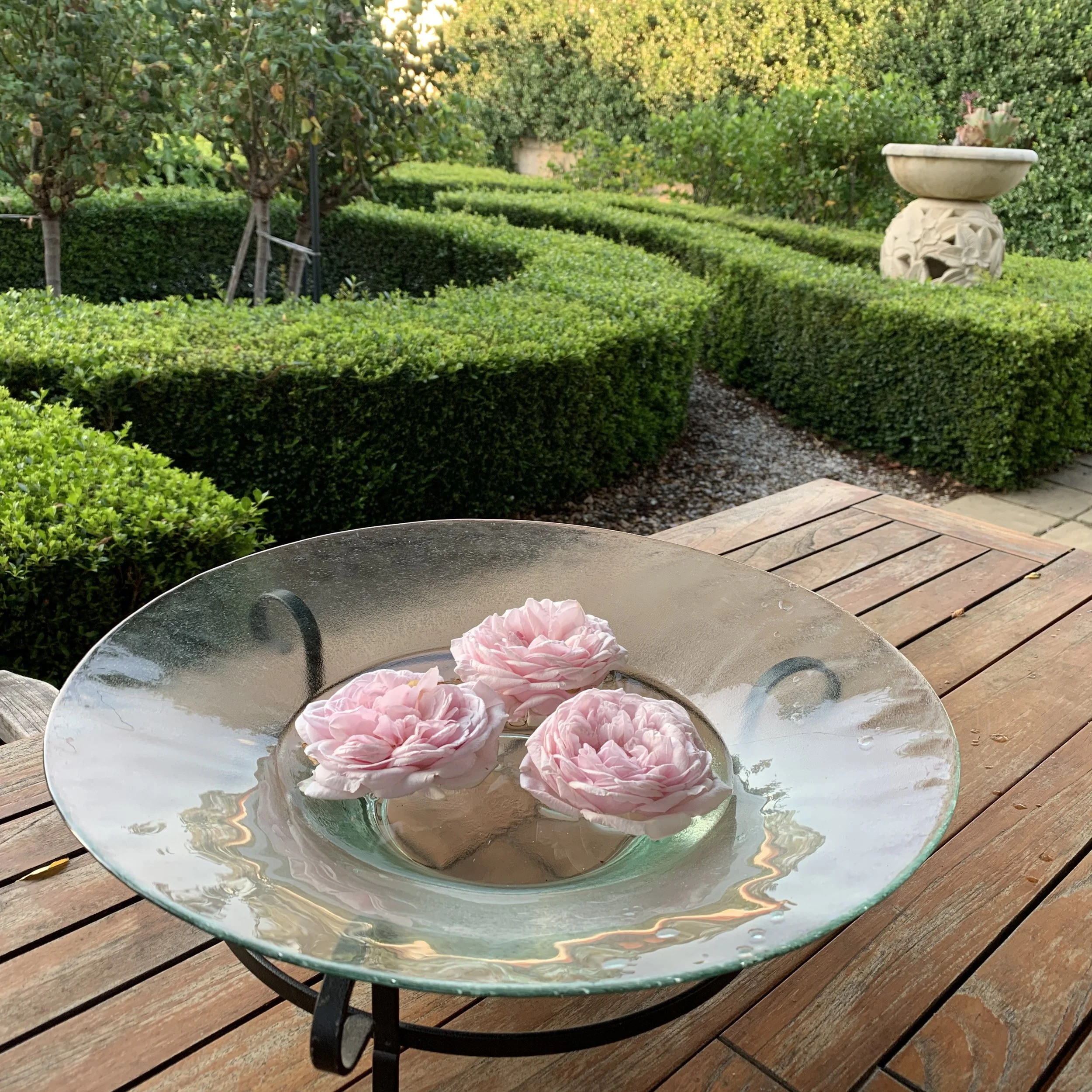 Pink roses floating in a glass bowl overlooking the formal parterre garden at Jade House Studio’s Swan Valley project in Western Australia.