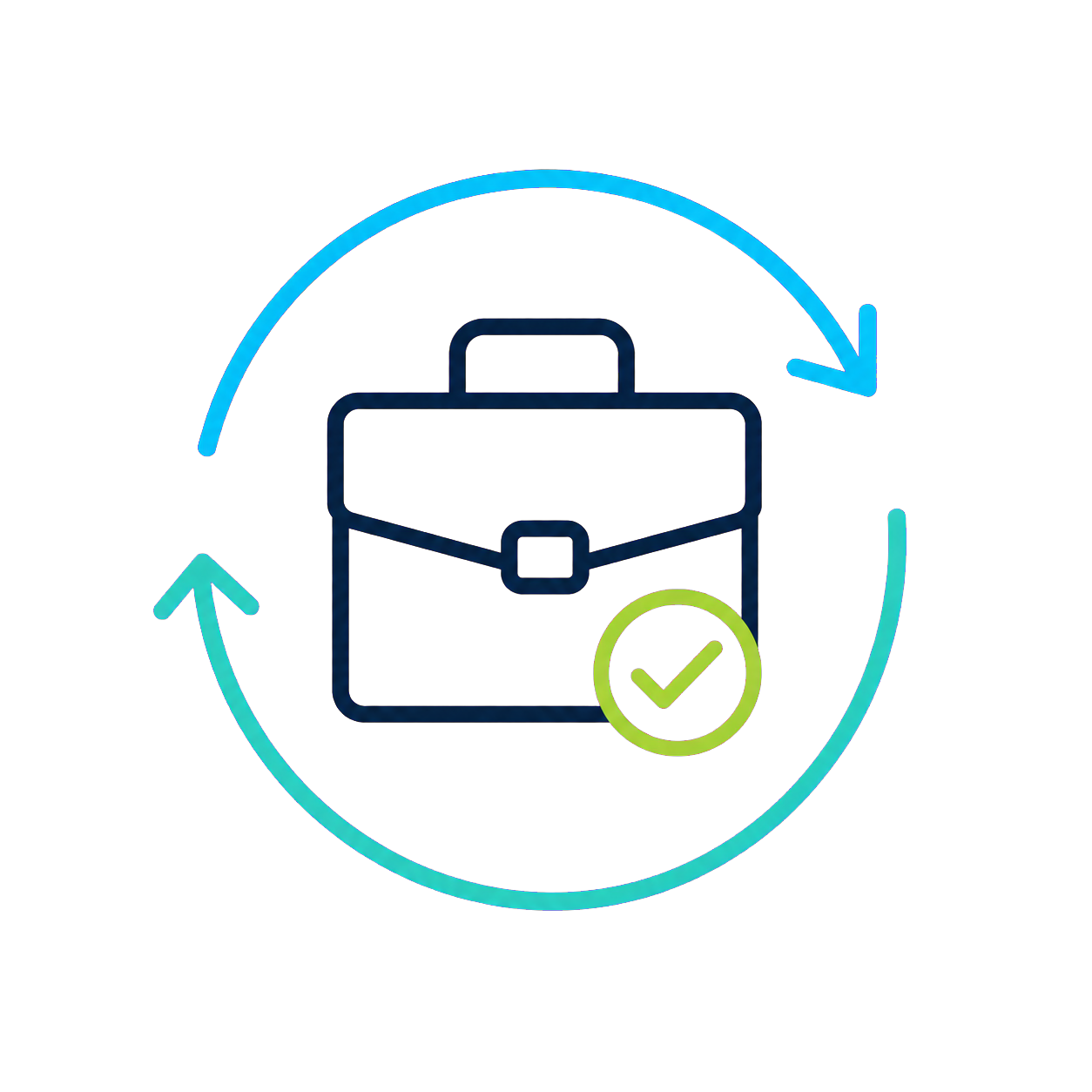 Outline of a briefcase with a checkmark, surrounded by circular arrows in blue, red, and green, indicating a process or cycle.