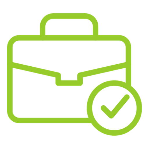 Green briefcase icon with a checkmark in a circle