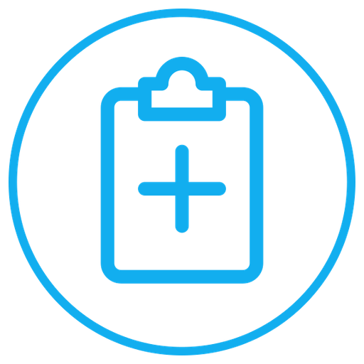 Medical clipboard icon with a cross in the center, surrounded by a blue circle.